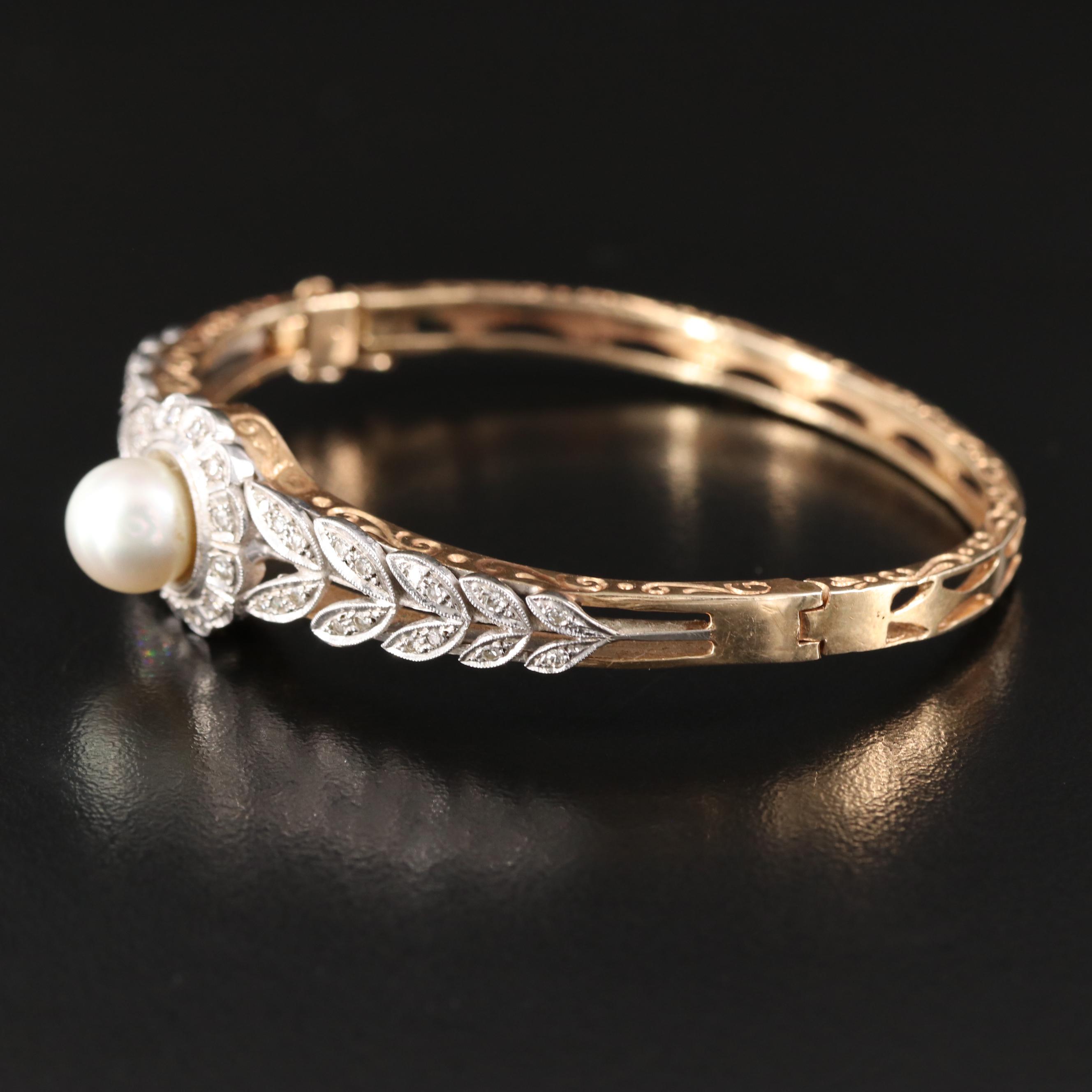 Antique 14K Pearl and Diamond Laurel Leaf Hinged Bangle Bracelet