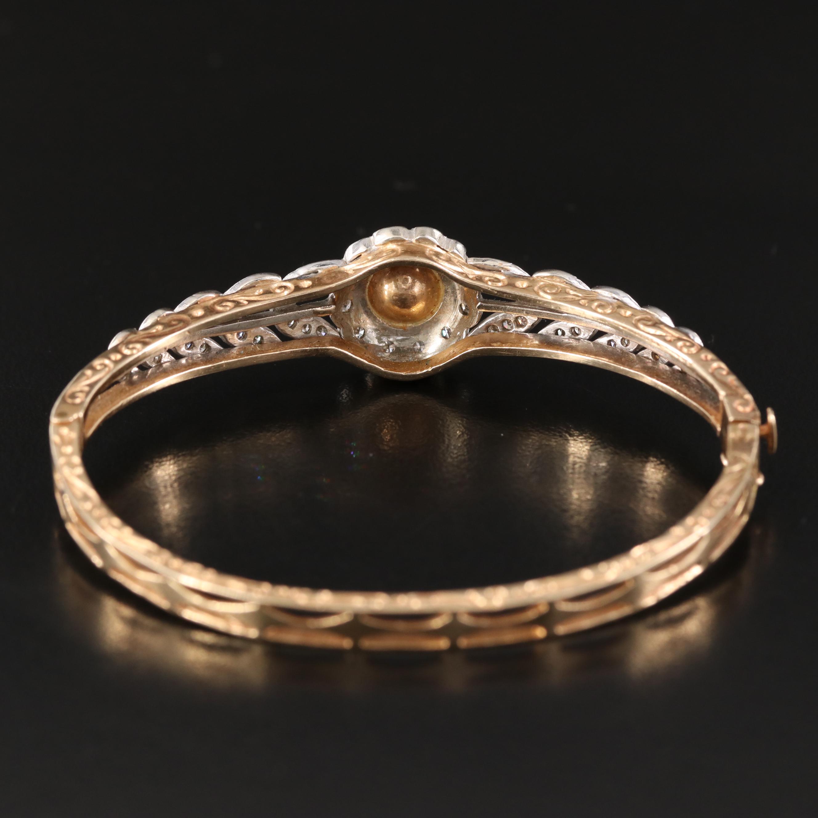 Antique 14K Pearl and Diamond Laurel Leaf Hinged Bangle Bracelet