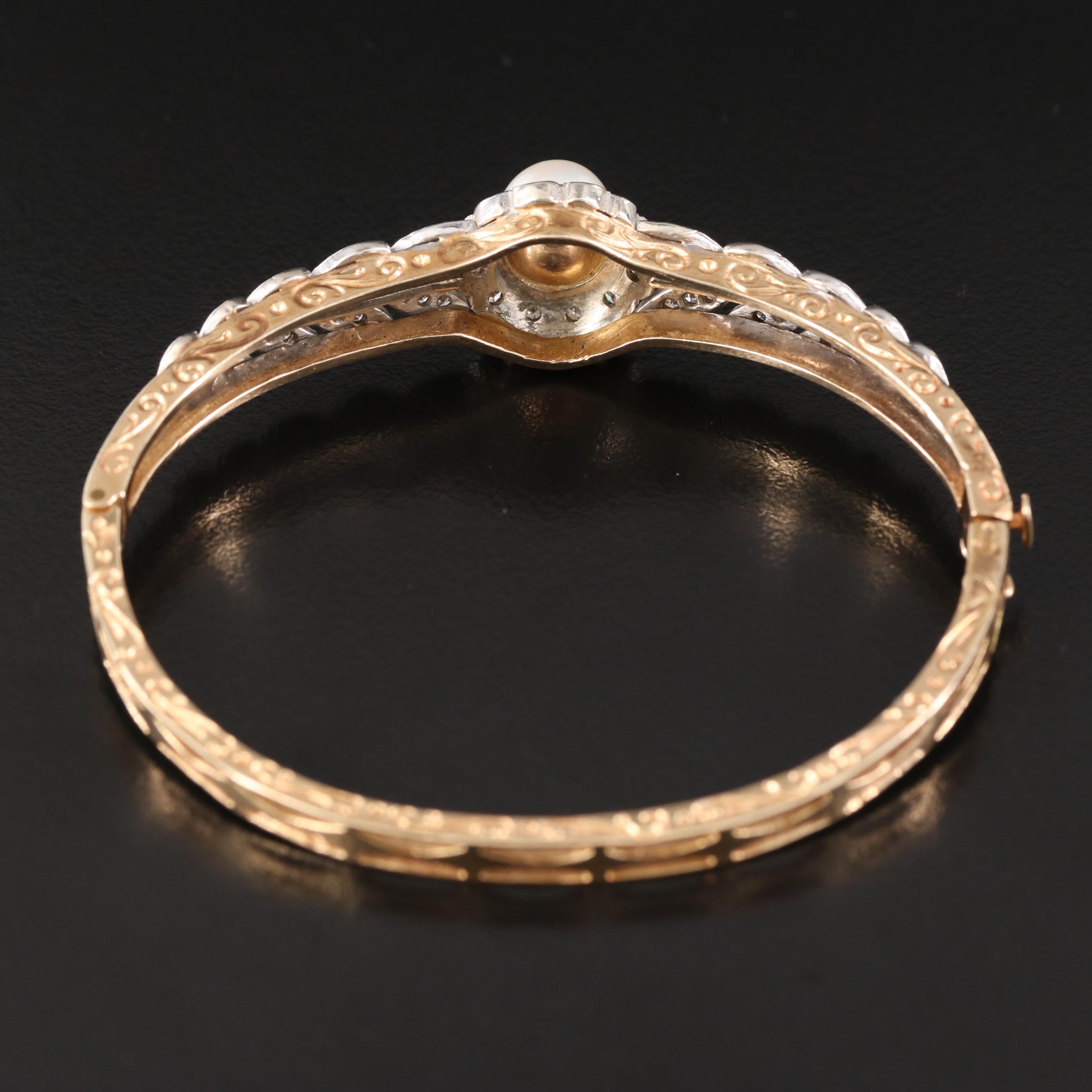 Antique 14K Pearl and Diamond Laurel Leaf Hinged Bangle Bracelet