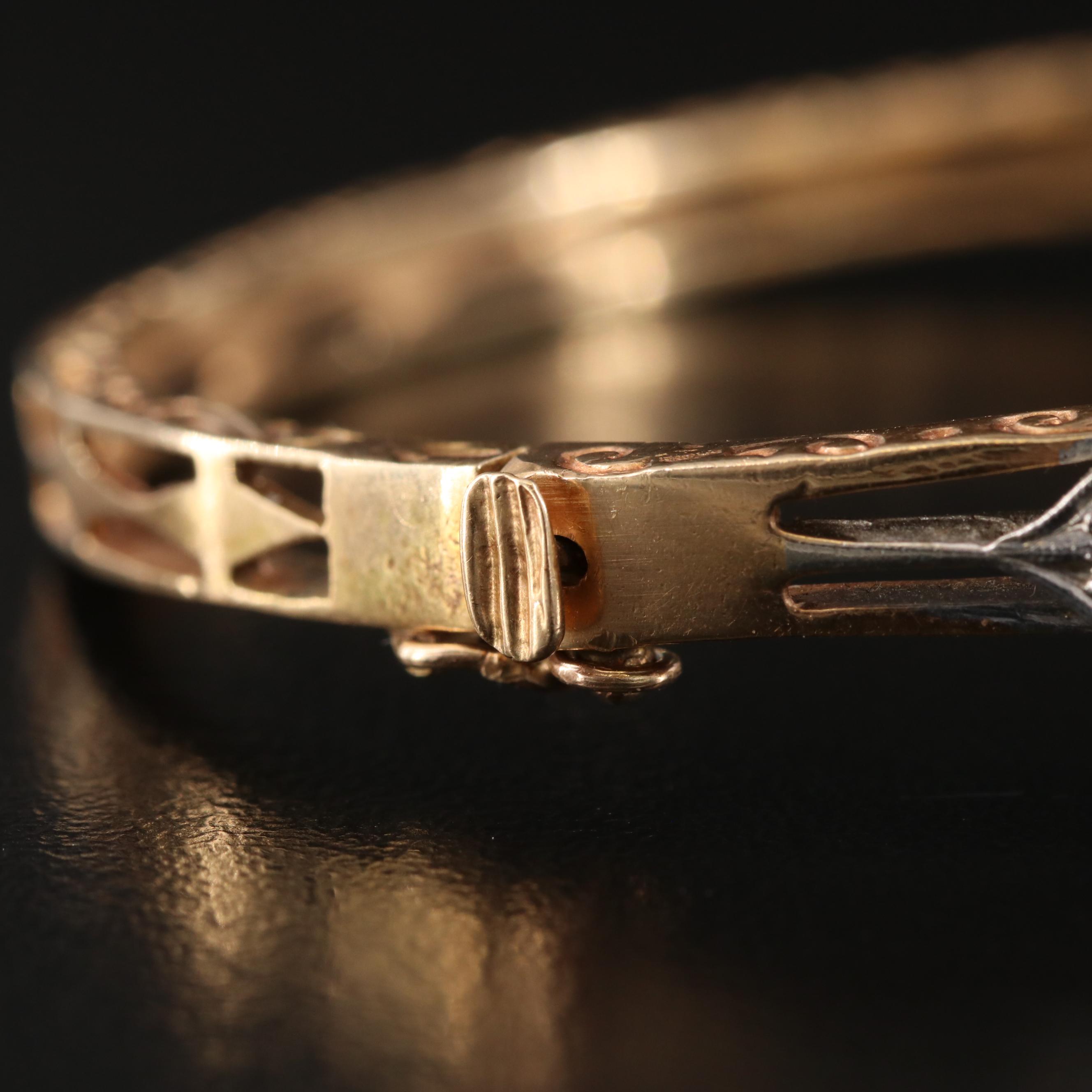 Antique 14K Pearl and Diamond Laurel Leaf Hinged Bangle Bracelet