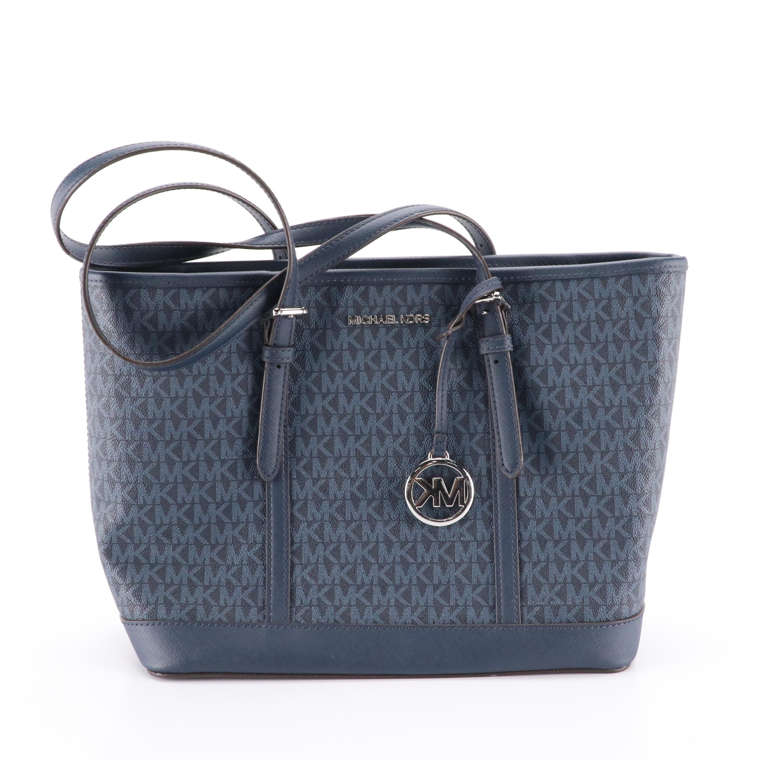 Michael Kors Navy Logo Signature Canvas Tote and Web Striped Nylon Shoulder Bag