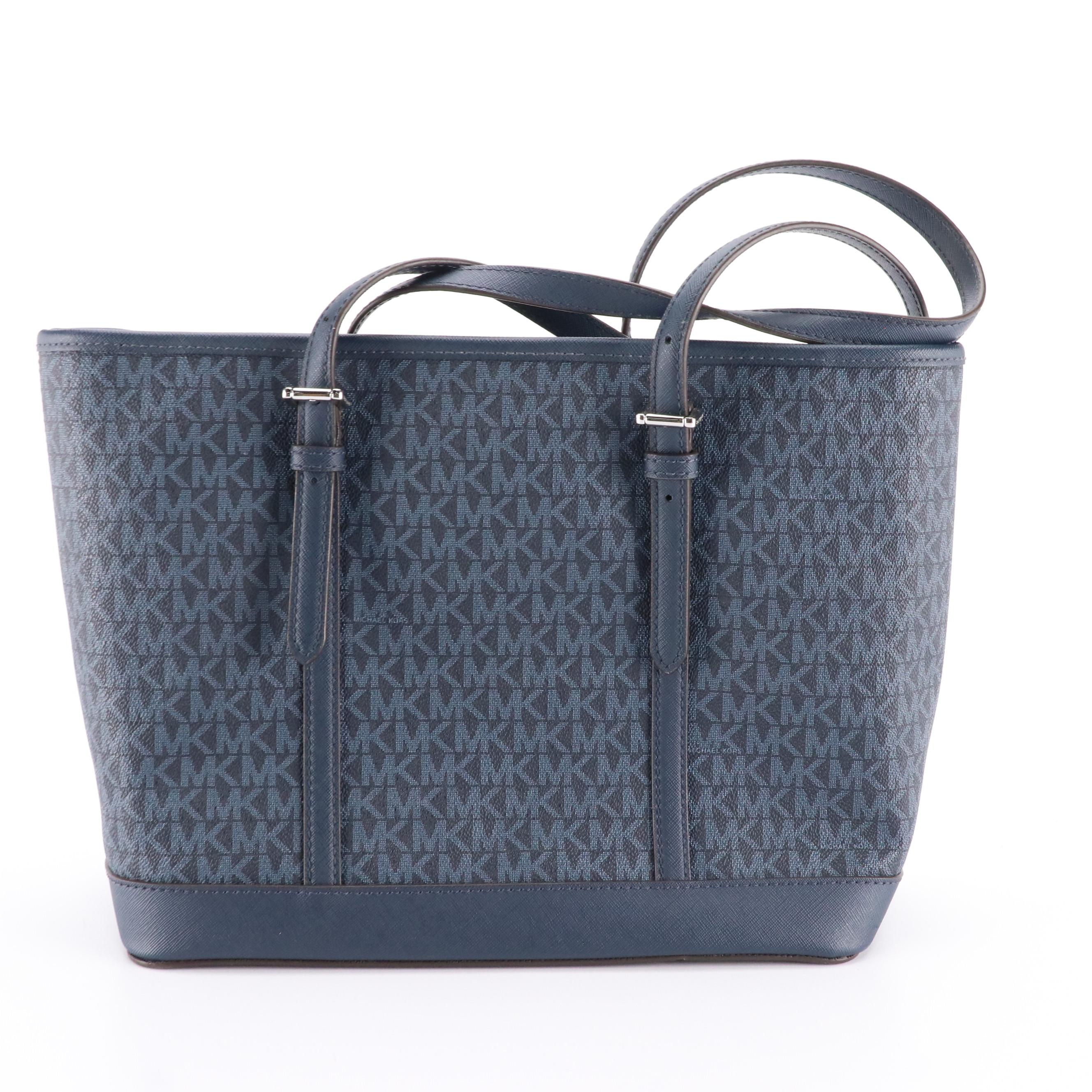 Michael Kors Navy Logo Signature Canvas Tote and Web Striped Nylon Shoulder Bag