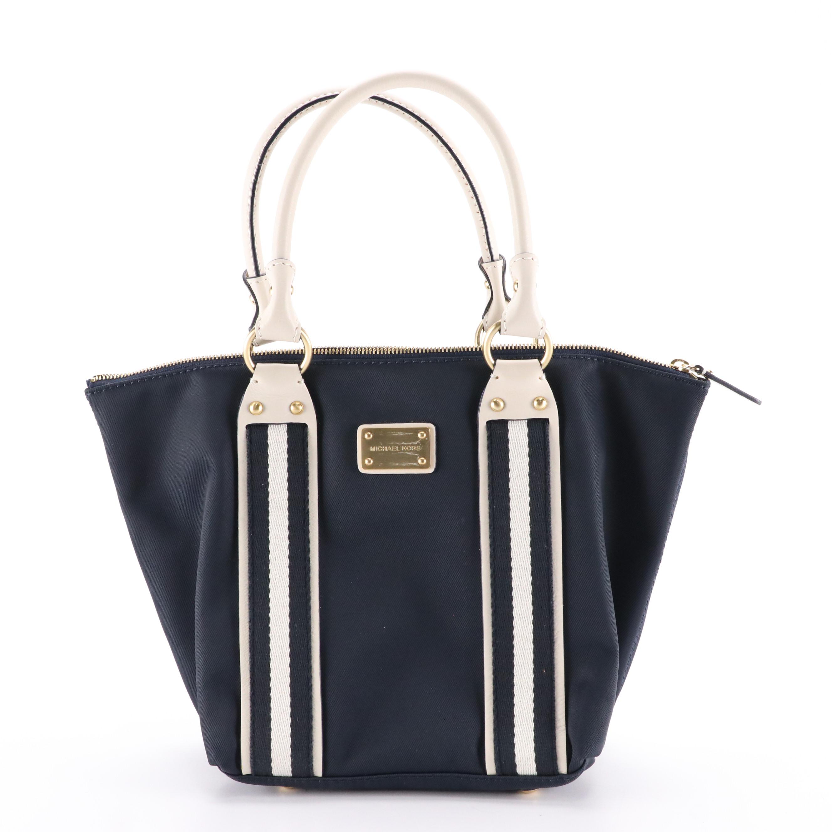 Michael Kors Navy Logo Signature Canvas Tote and Web Striped Nylon Shoulder Bag