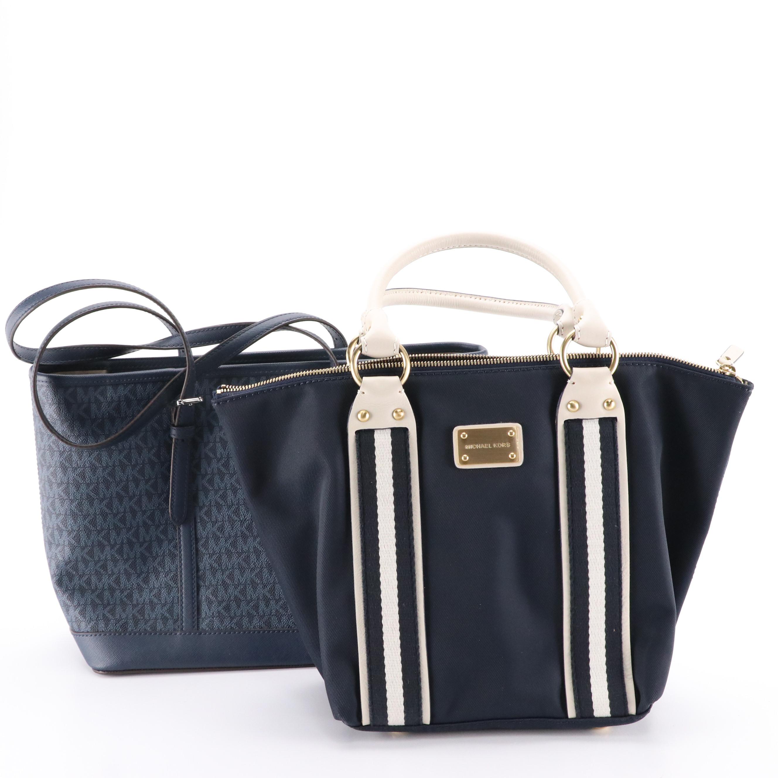 Michael Kors Navy Logo Signature Canvas Tote and Web Striped Nylon Shoulder Bag