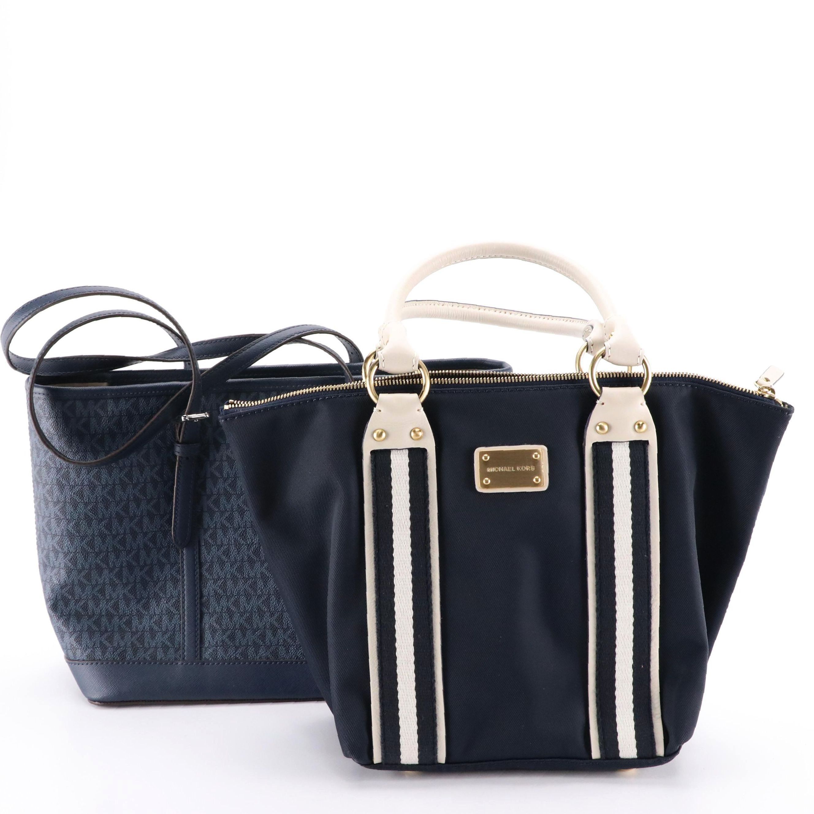 Michael Kors Navy Logo Signature Canvas Tote and Web Striped Nylon Shoulder Bag