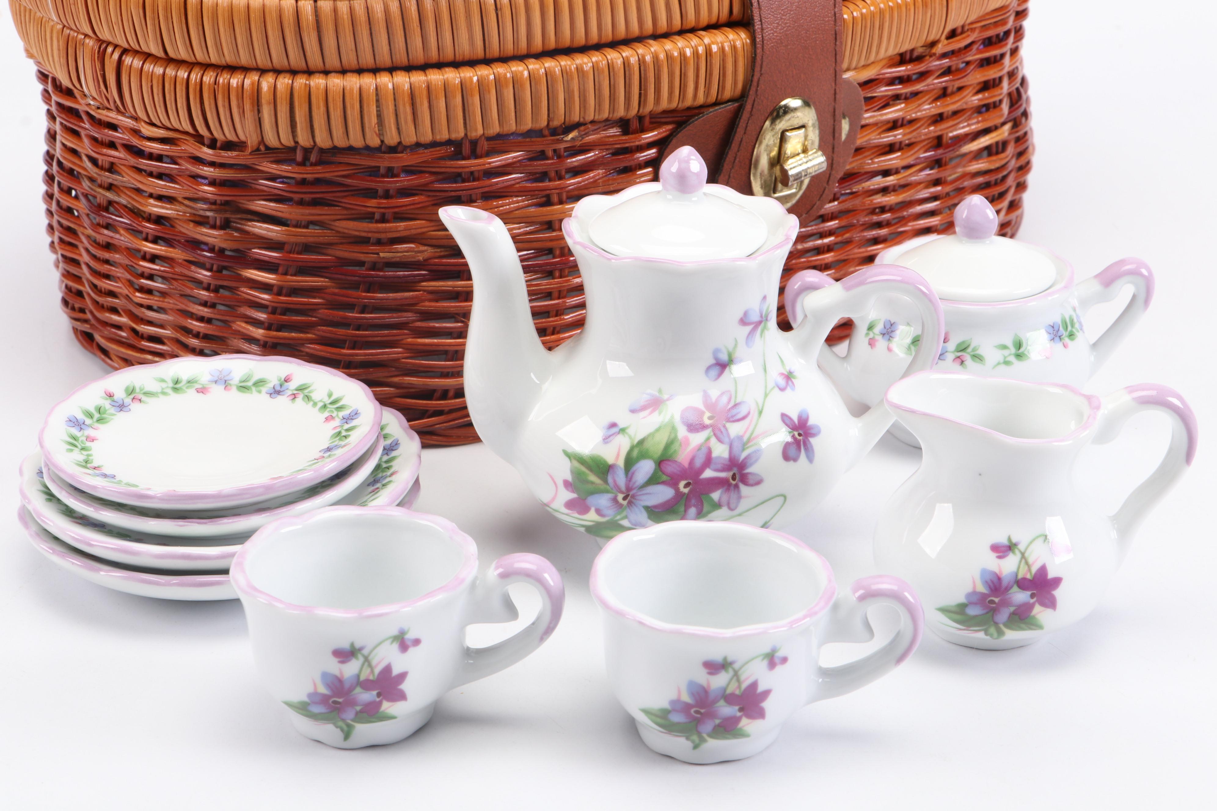 Miniature Picnic Basket with Porcelain Tea Set