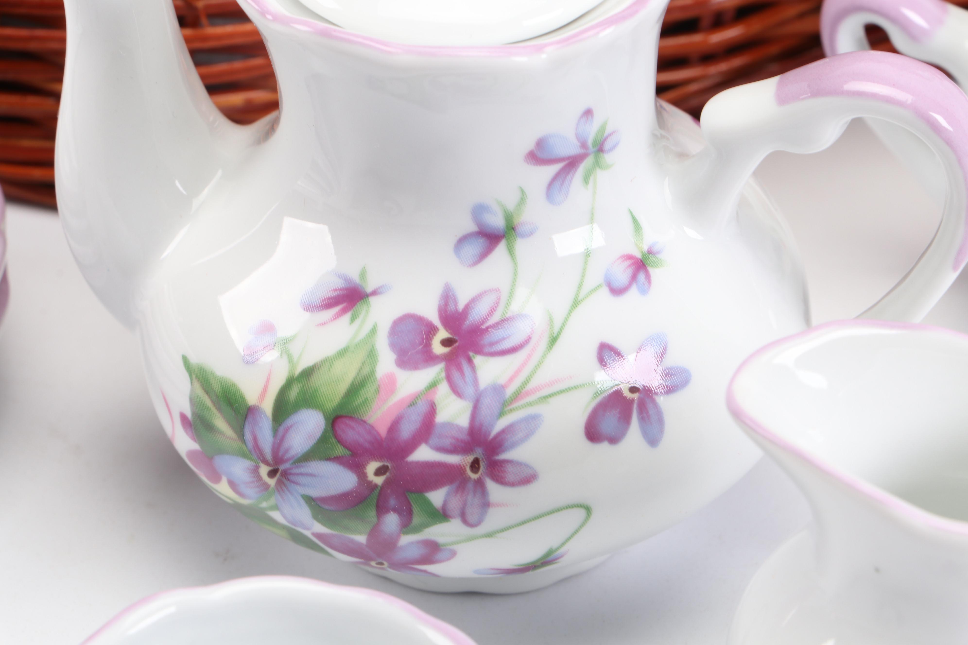 Miniature Picnic Basket with Porcelain Tea Set