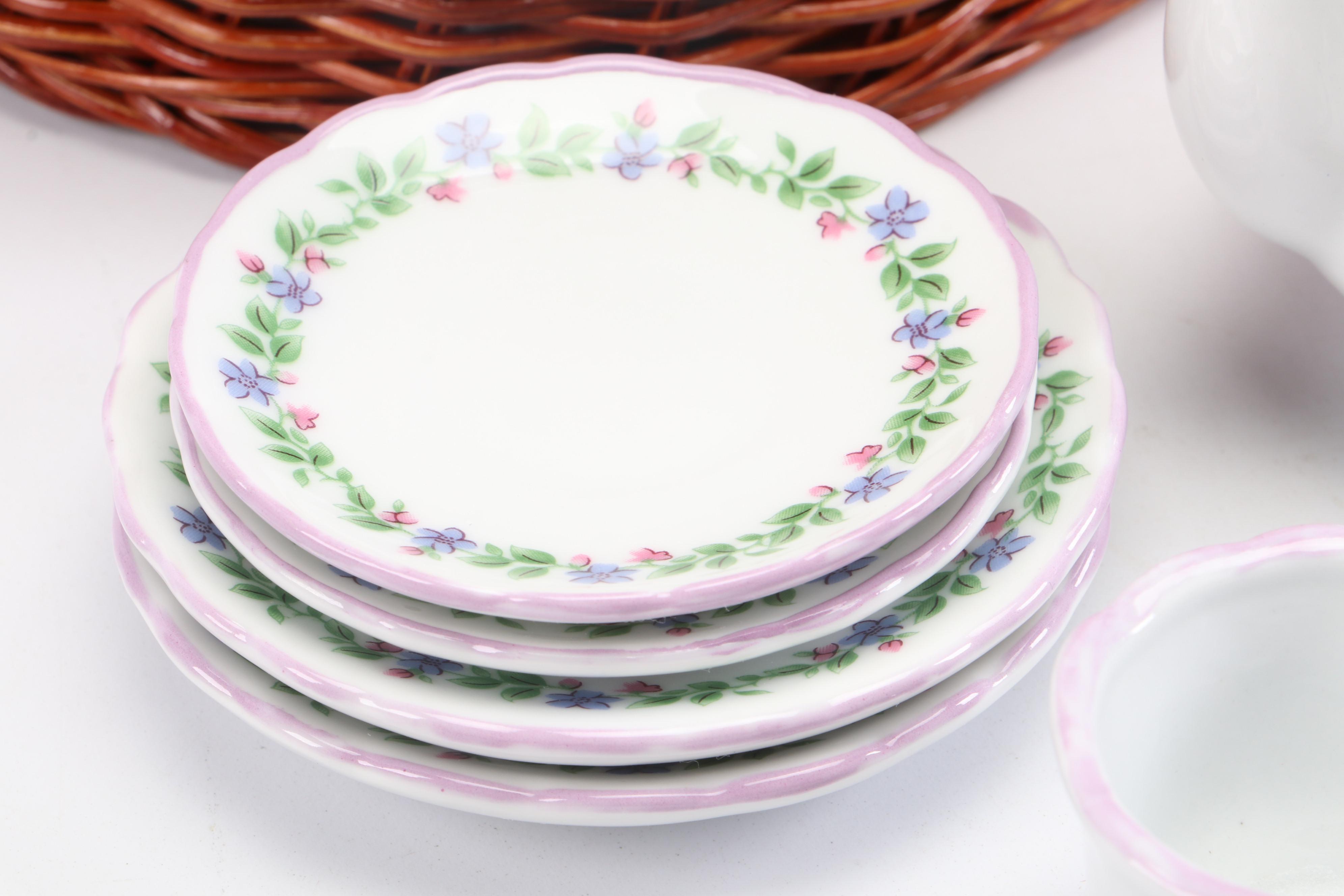 Miniature Picnic Basket with Porcelain Tea Set