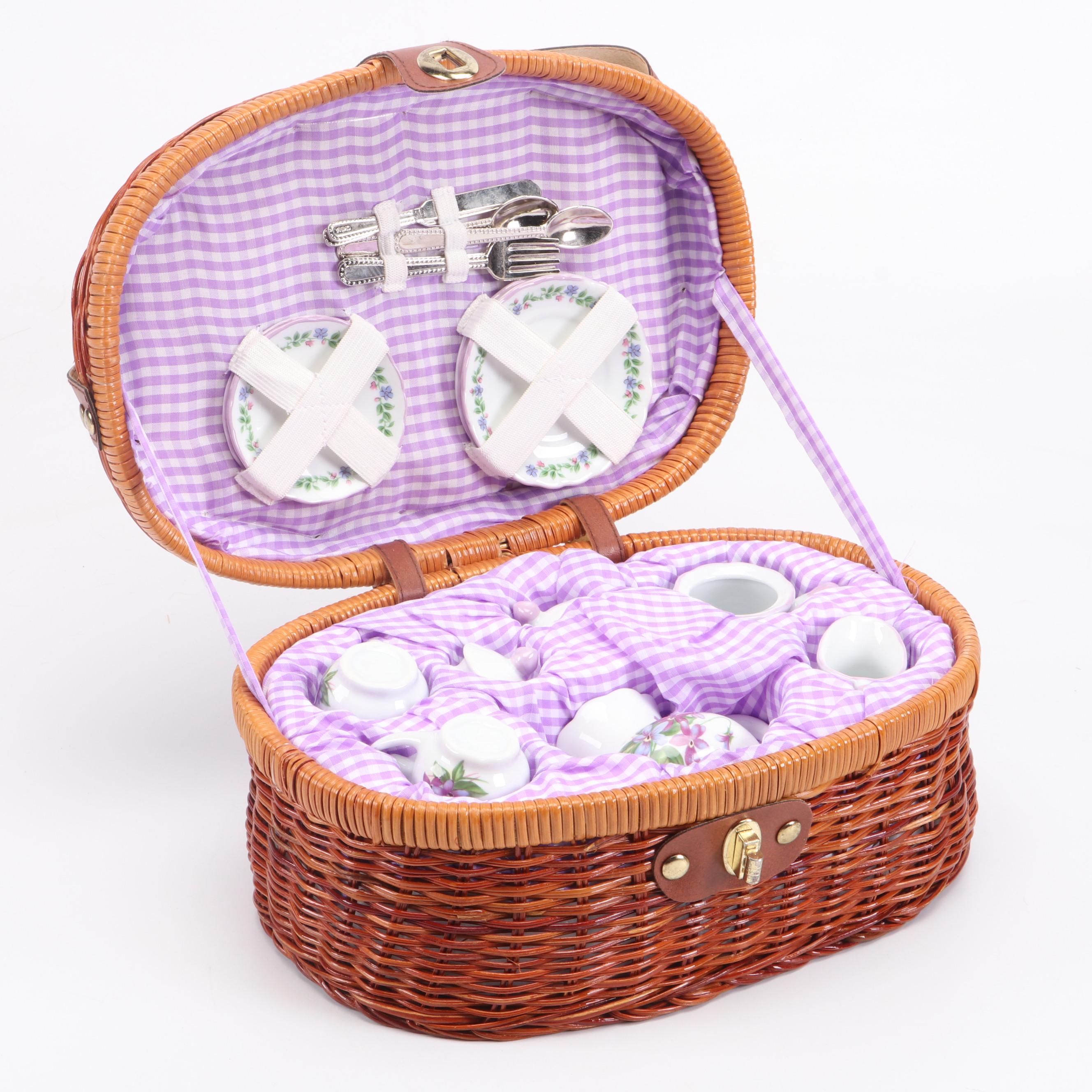 Miniature Picnic Basket with Porcelain Tea Set