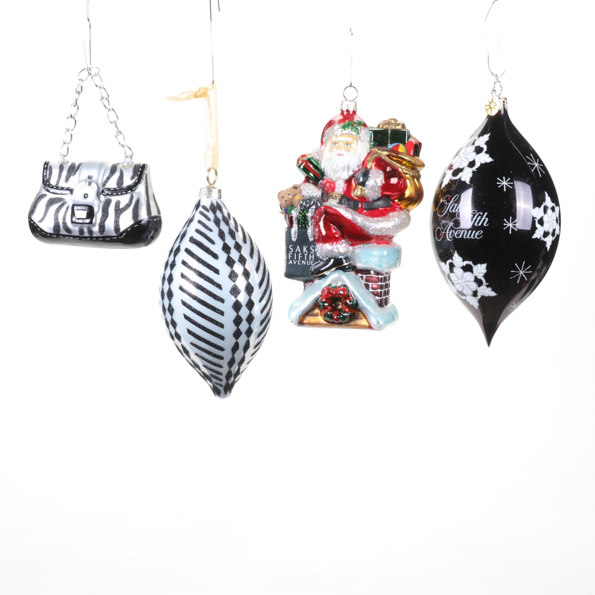 Saks Fifth Avenue Santa and Other Glass Ornaments