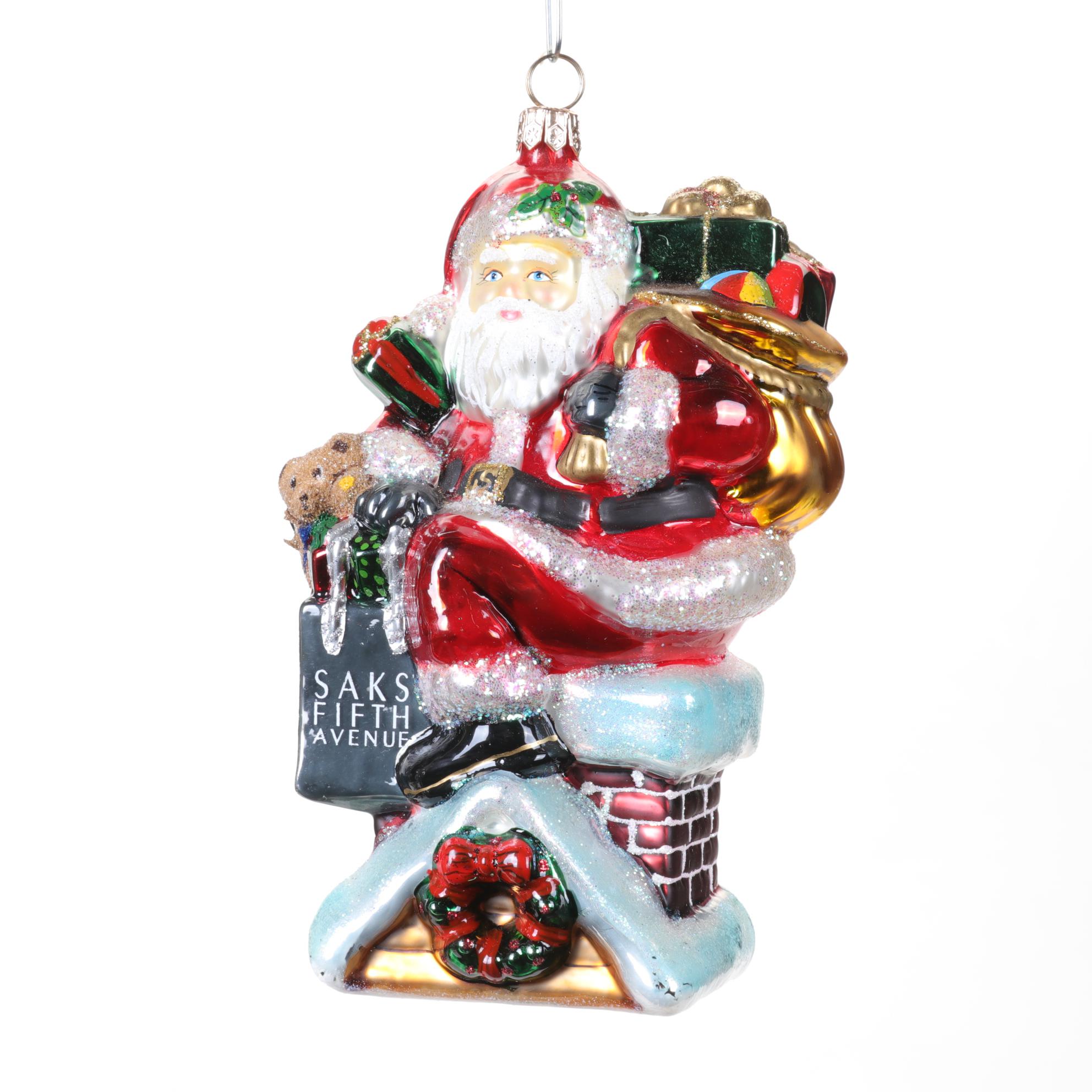 Saks Fifth Avenue Santa and Other Glass Ornaments