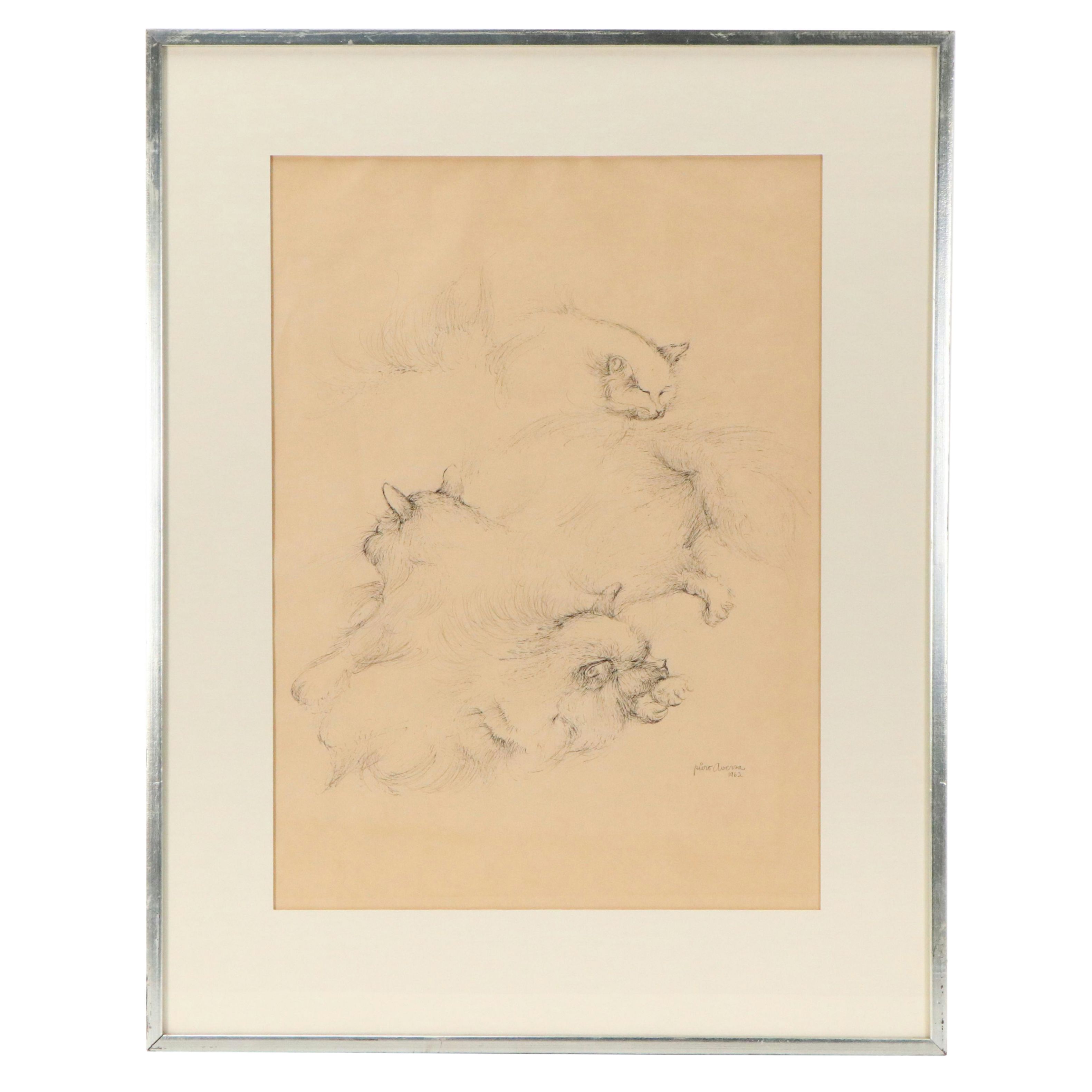 Piero Aversa Ink Drawing "Three Cats," 1962