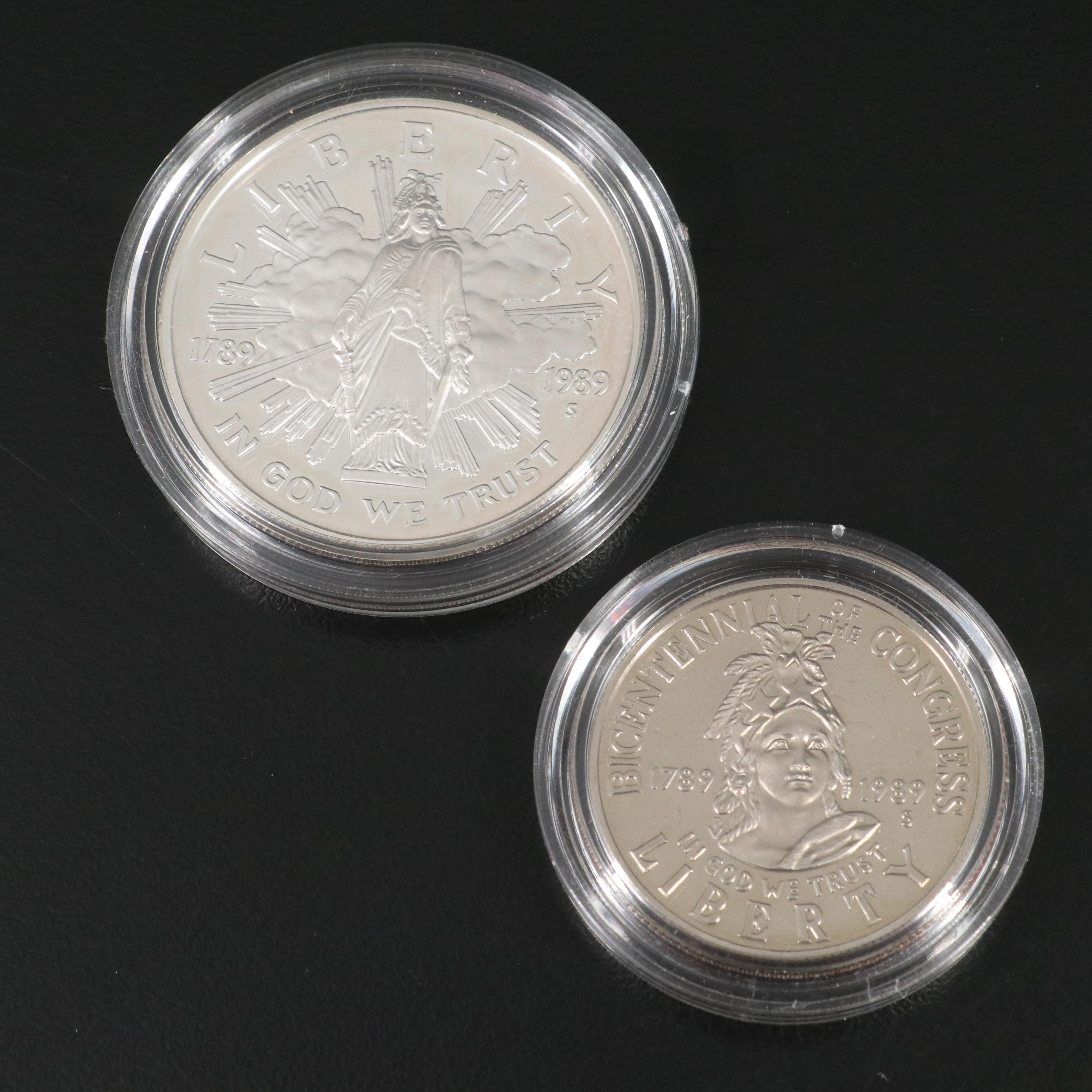 Eight Modern Commemorative Silver Dollars and Four Clad Half Dollars