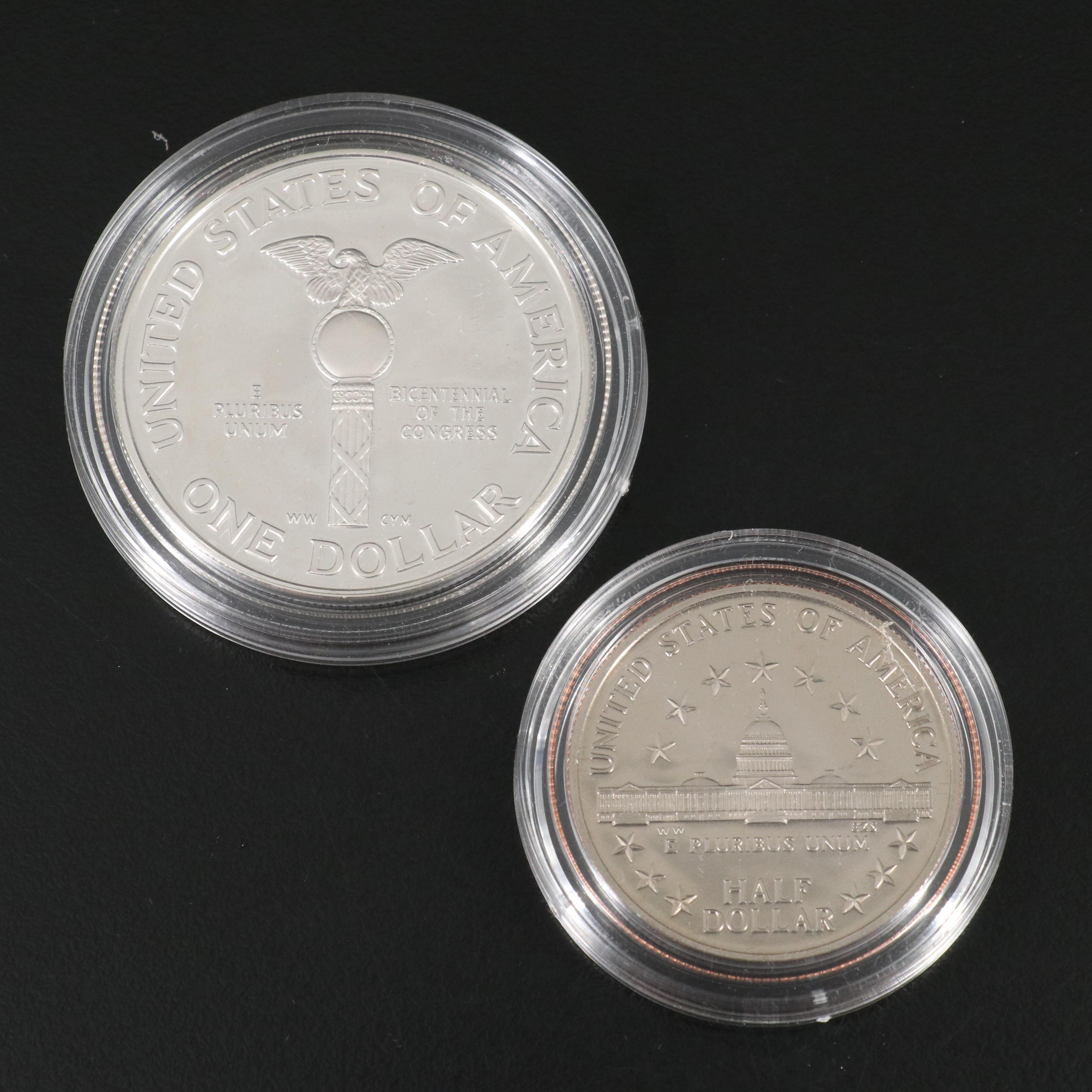 Eight Modern Commemorative Silver Dollars and Four Clad Half Dollars