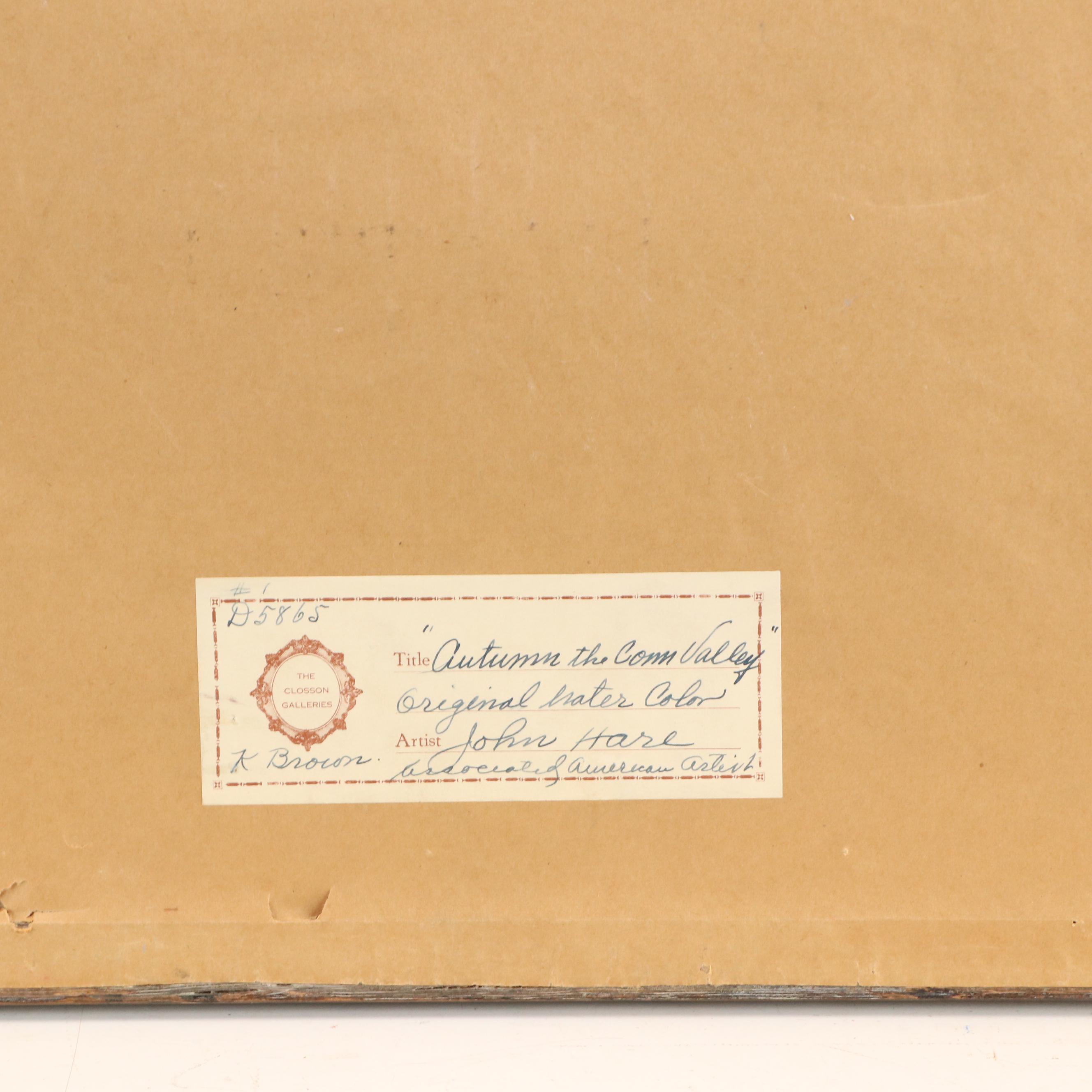 John Cuthbert Hare Watercolor Landscape "Autumn, the Connecticut Valley"