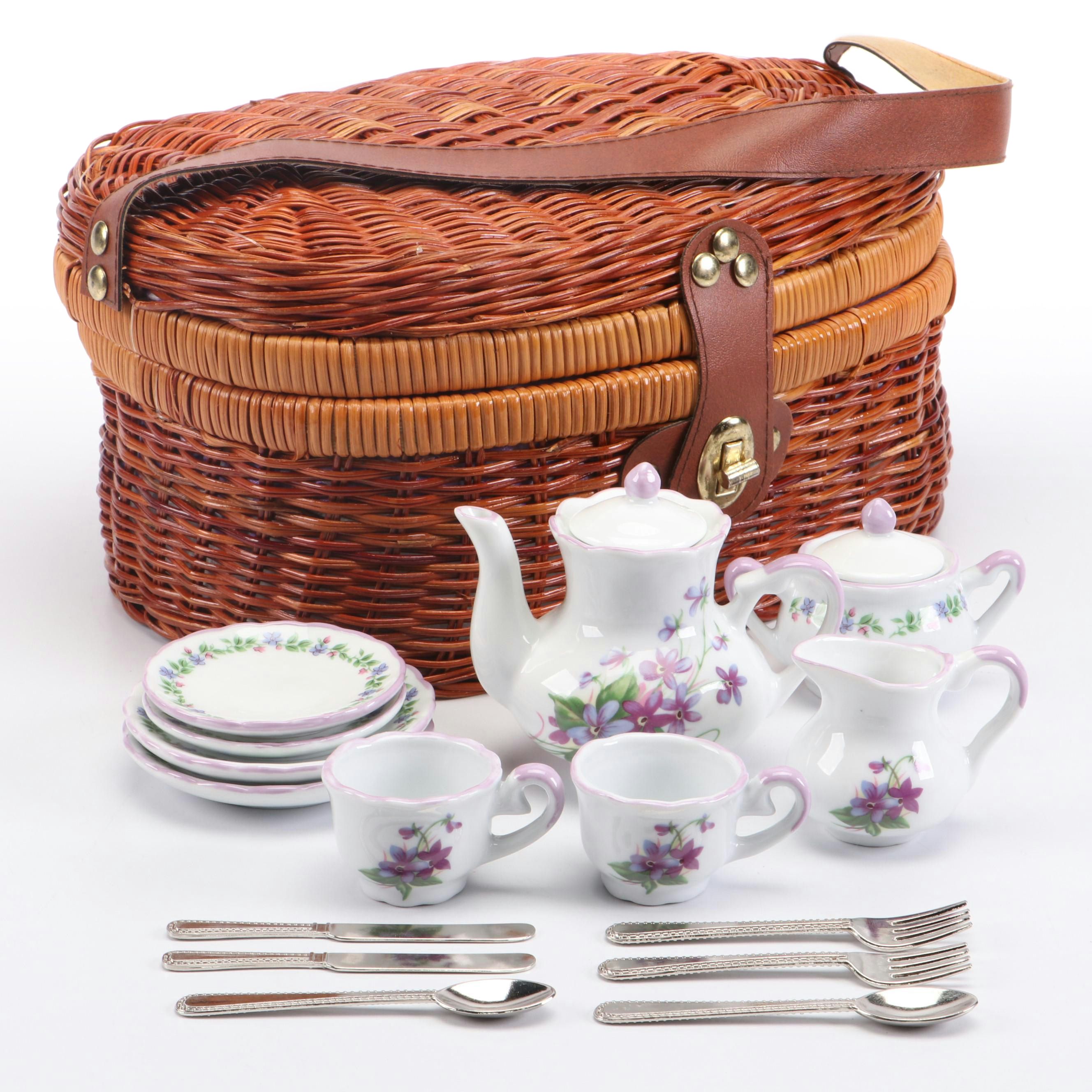 Miniature Picnic Basket with Porcelain Tea Set