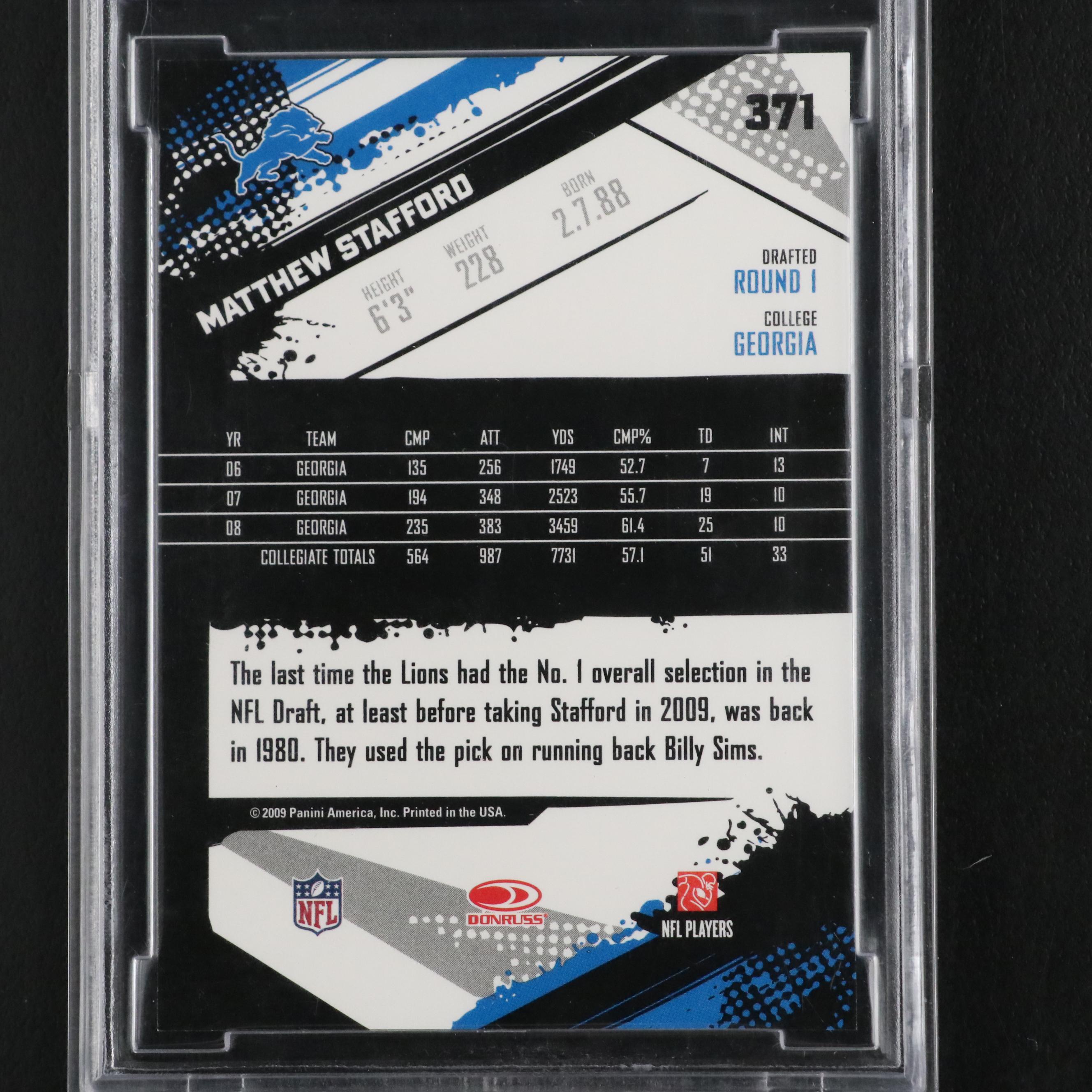 2009 Score Matthew Stafford Rookie Card #371 Graded BCCG 10