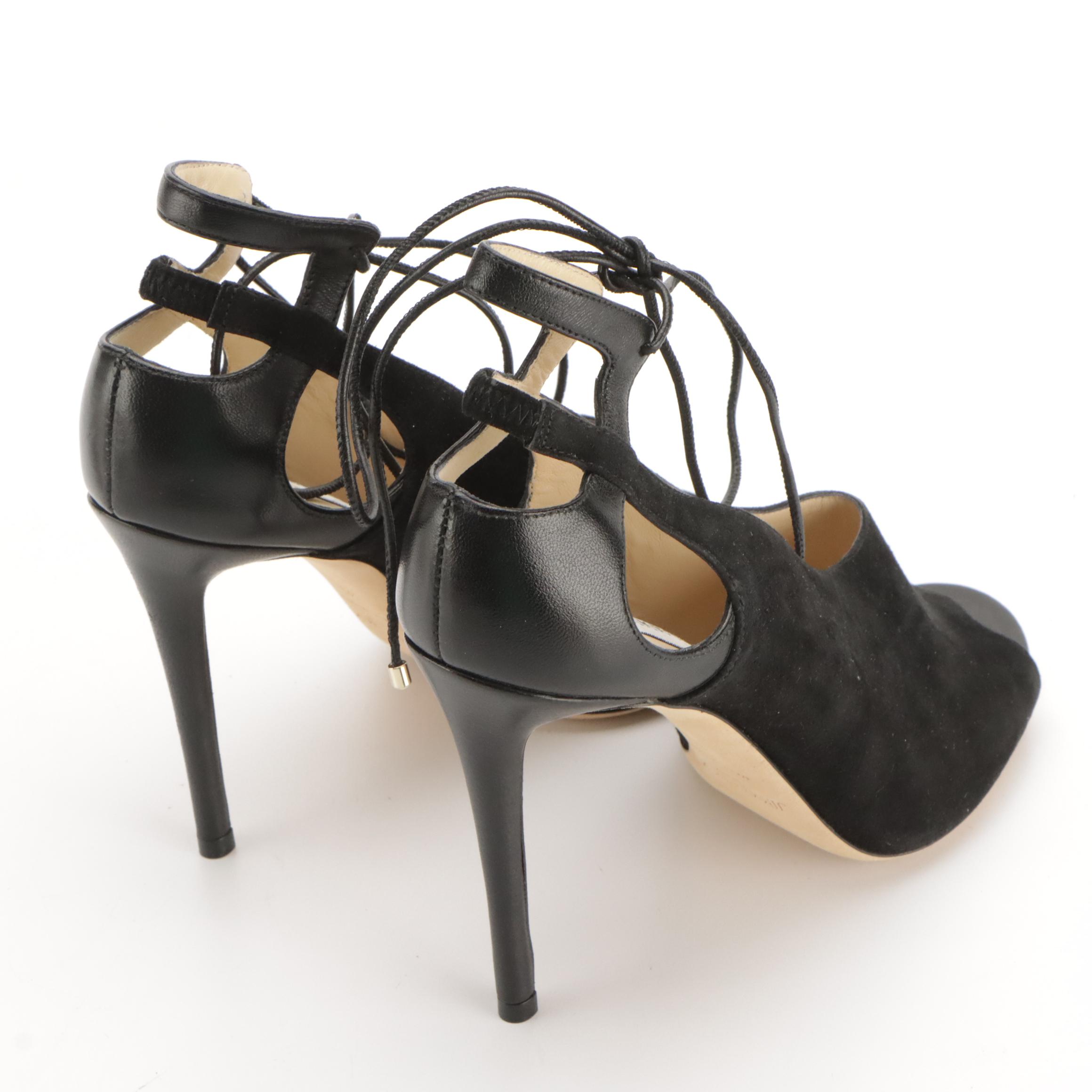 Jimmy Choo Macaw Black Suede Lace-Up Peep Toe Slingback Pumps