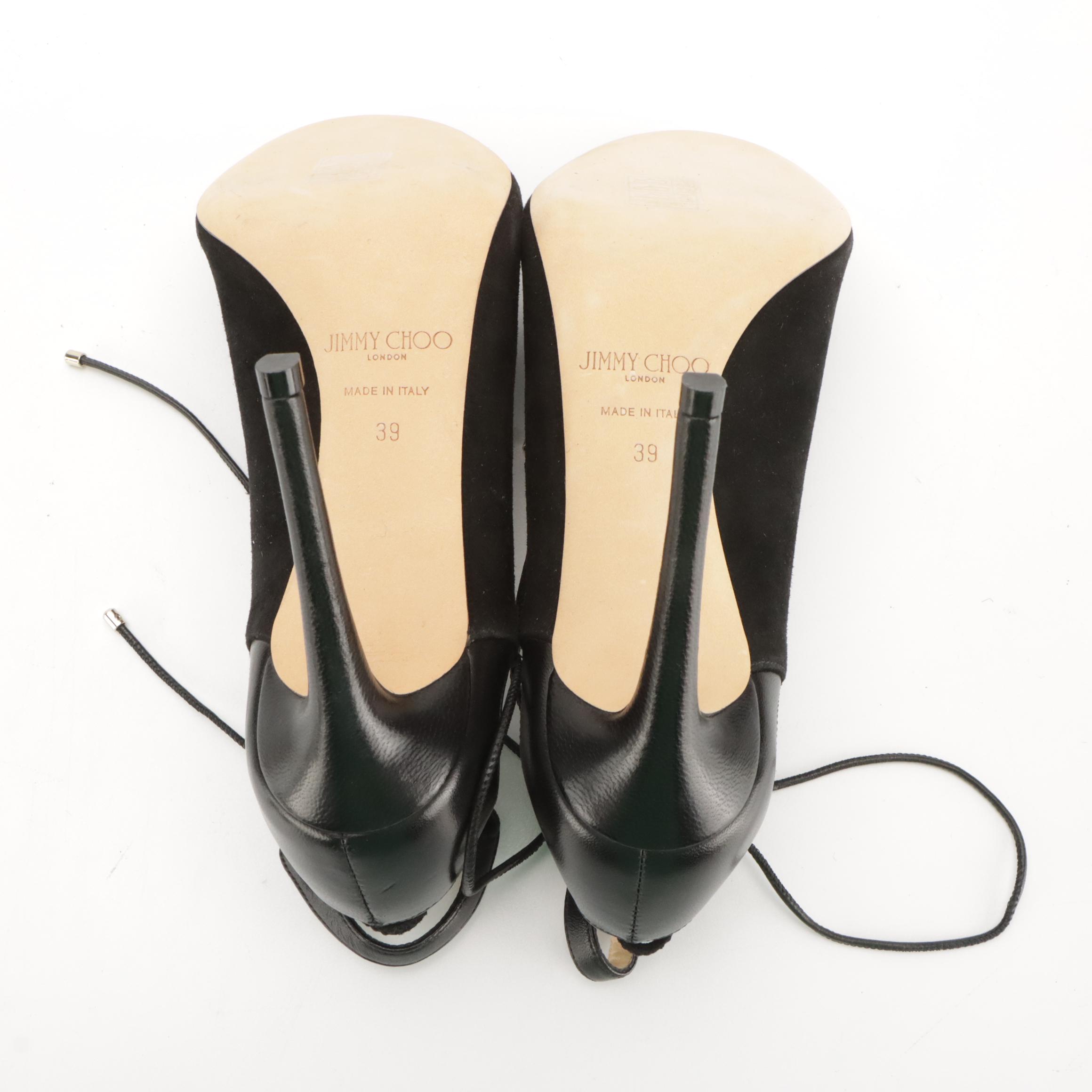 Jimmy Choo Macaw Black Suede Lace-Up Peep Toe Slingback Pumps