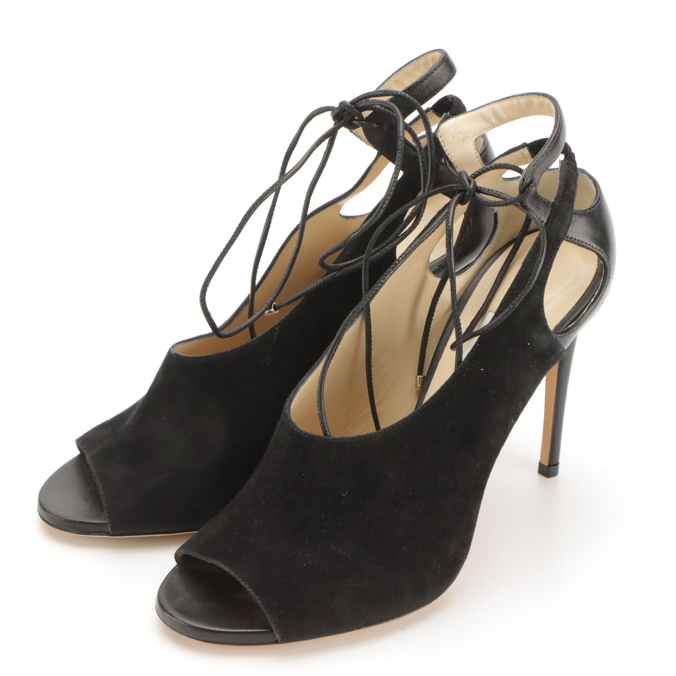 Jimmy Choo Macaw Black Suede Lace-Up Peep Toe Slingback Pumps