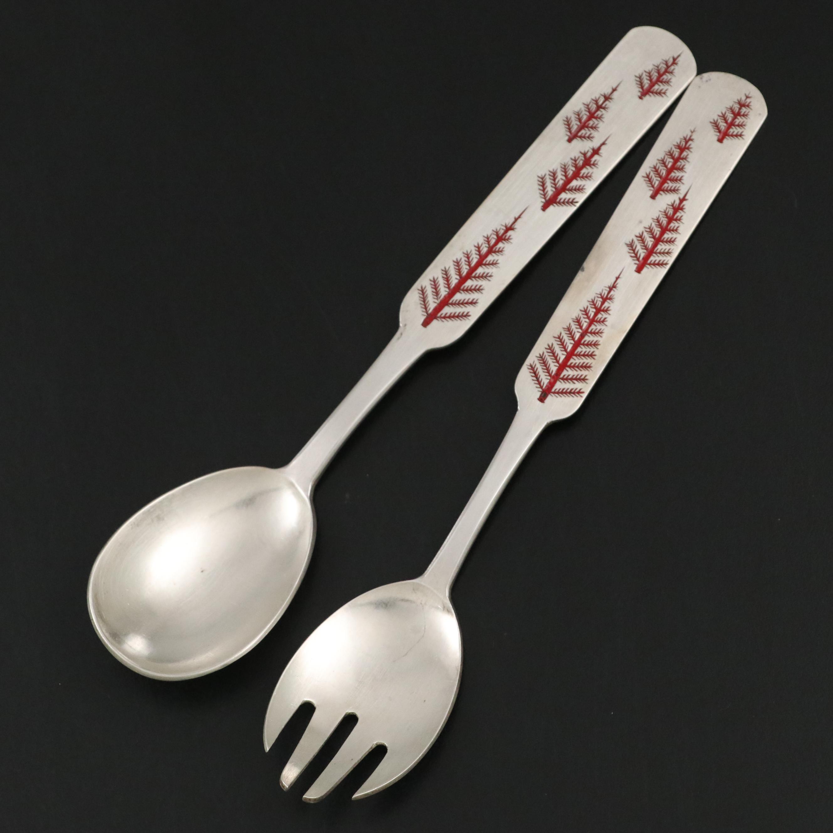 Korean Enameled 800 Silver Spork and Spoon with Red Pine Tree Motif