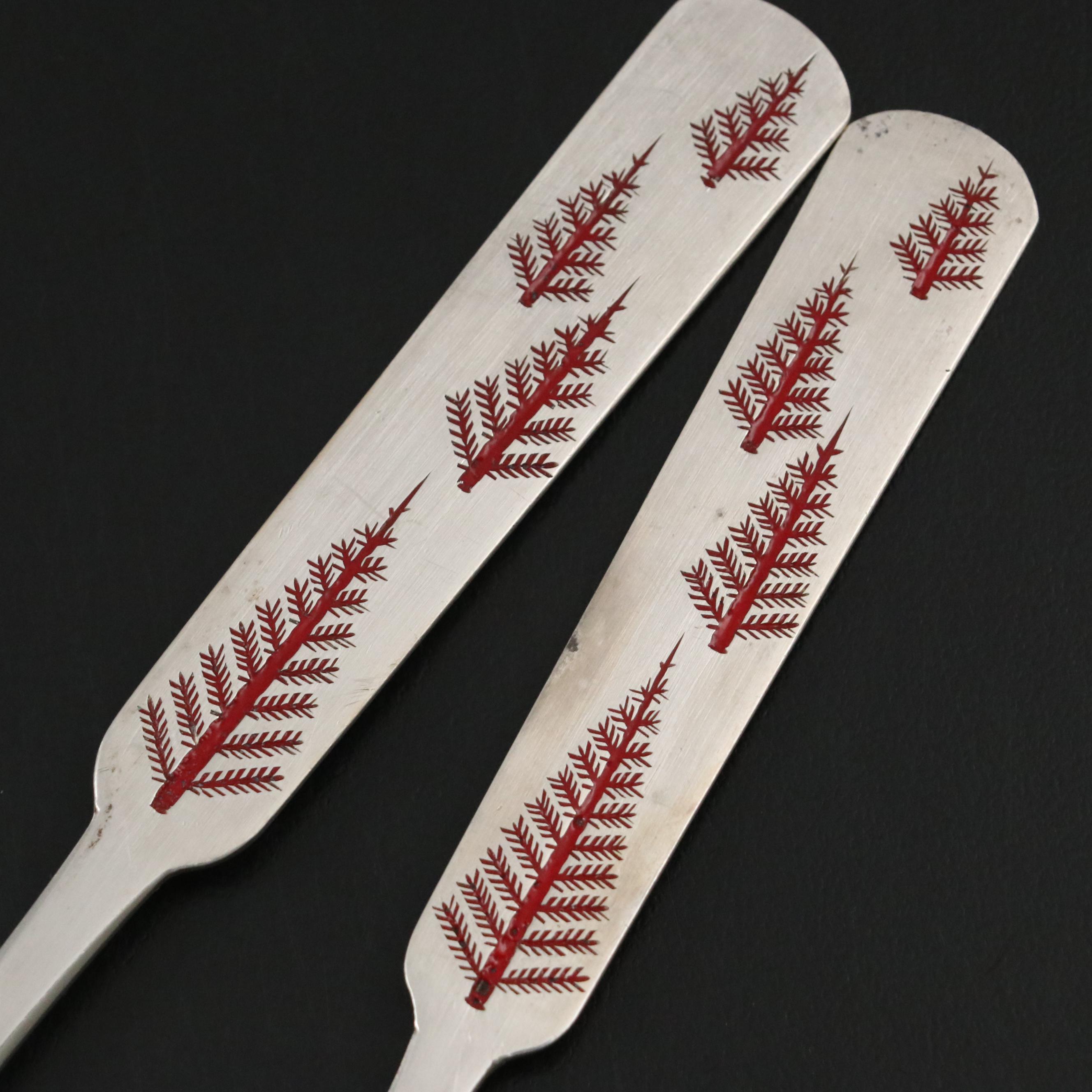 Korean Enameled 800 Silver Spork and Spoon with Red Pine Tree Motif