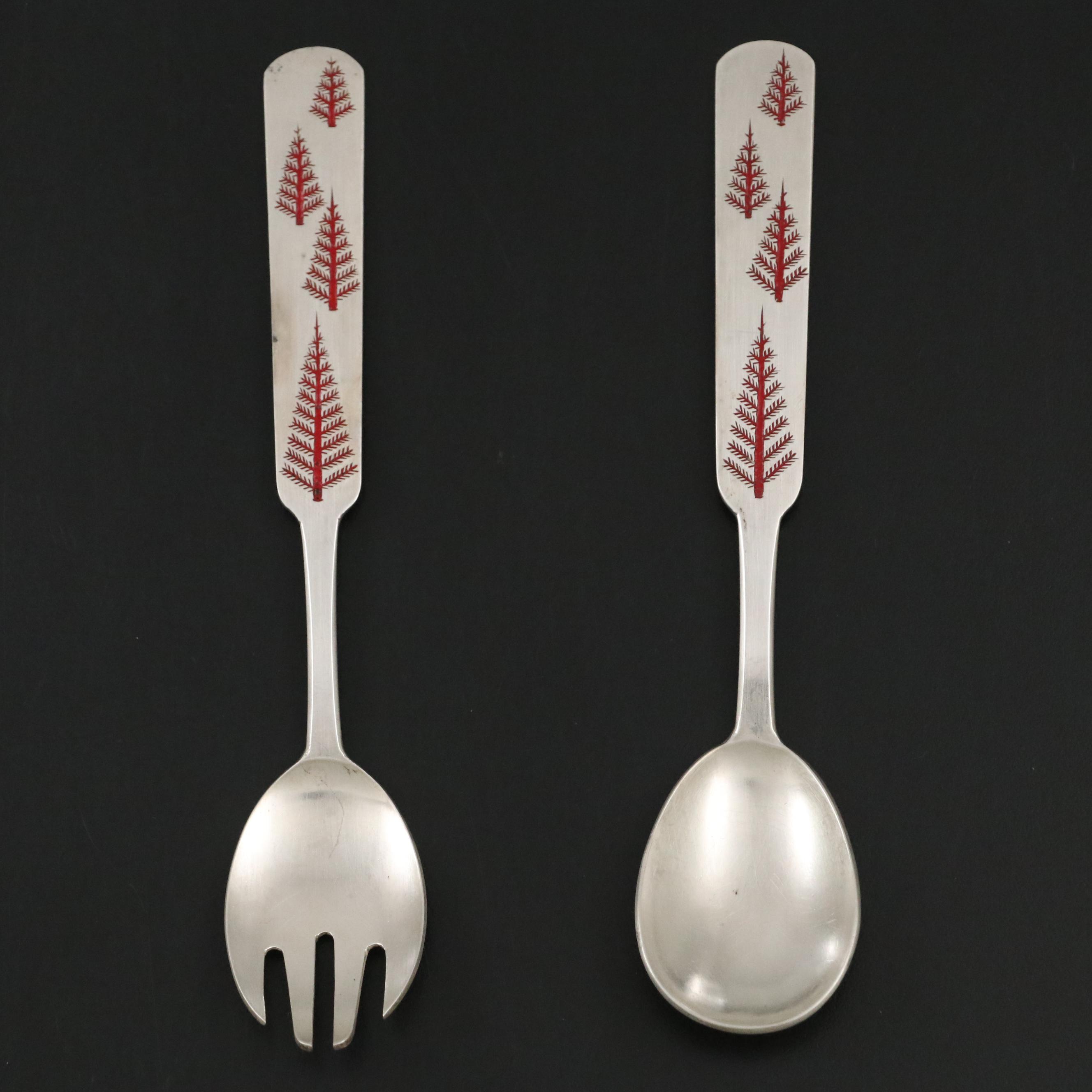 Korean Enameled 800 Silver Spork and Spoon with Red Pine Tree Motif