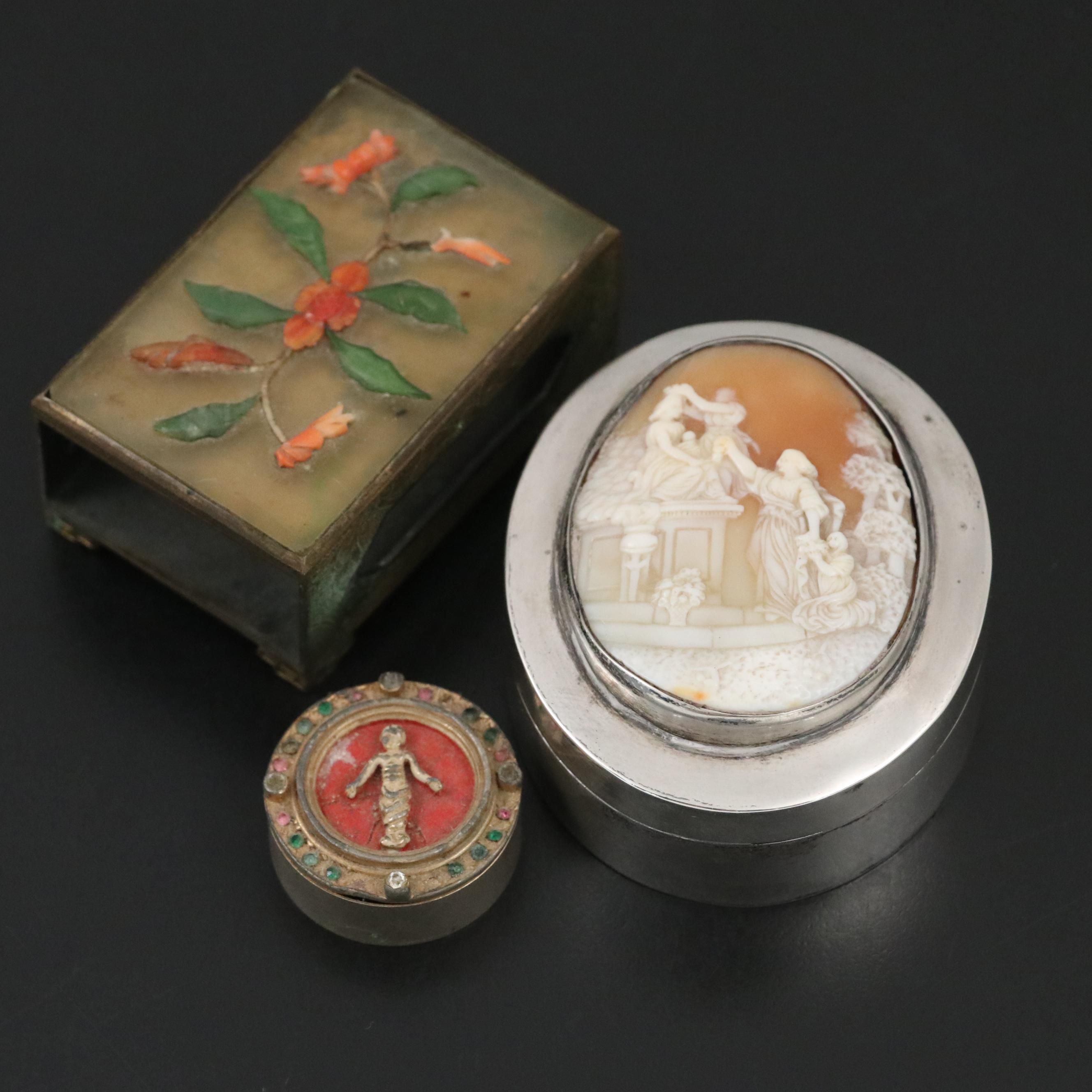 Sterling Silver Box with Cameo Shell Inlay and More Table Accessories