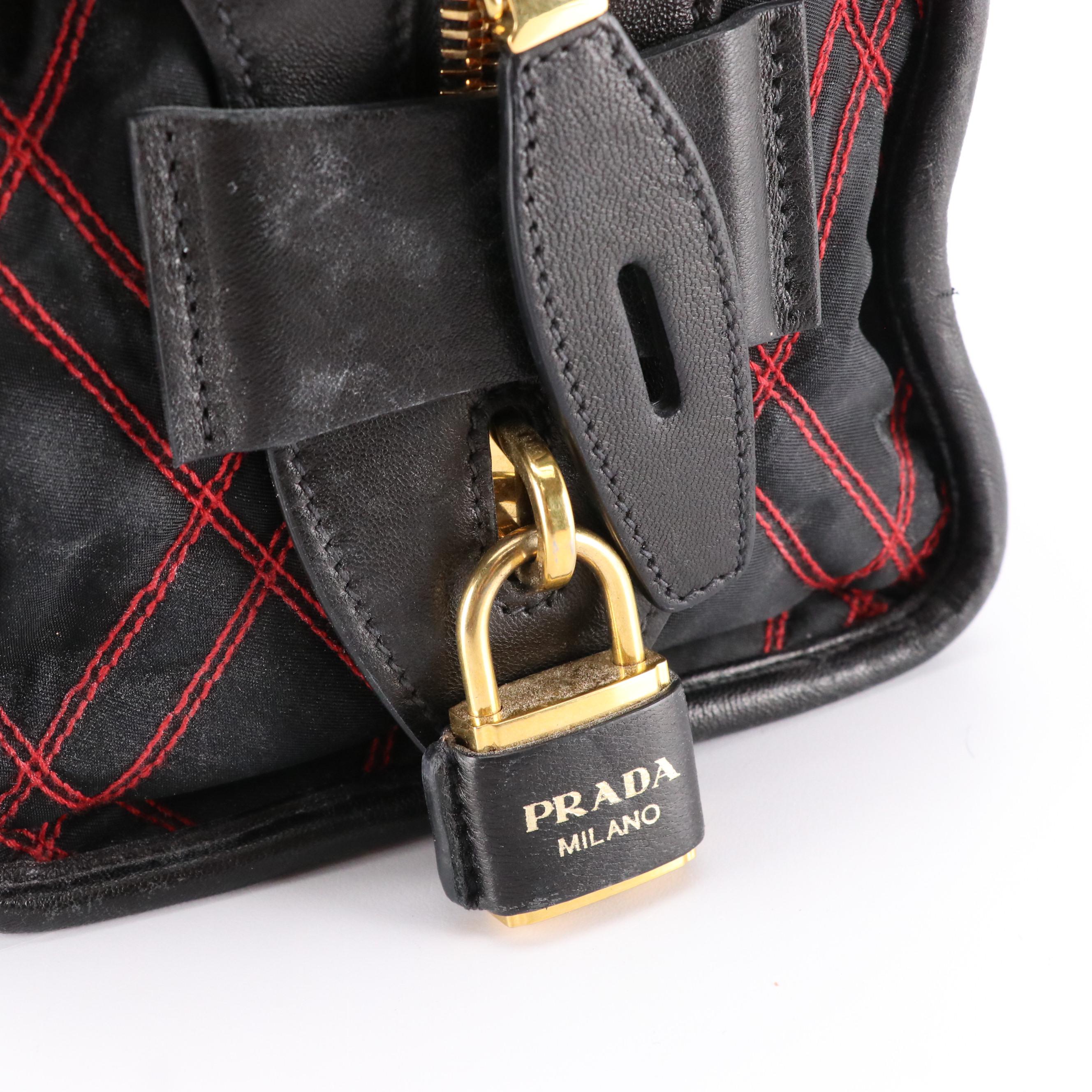 Prada Impunturato Bauletto Handbag in Black Quilted Tessuto Nylon and Leather