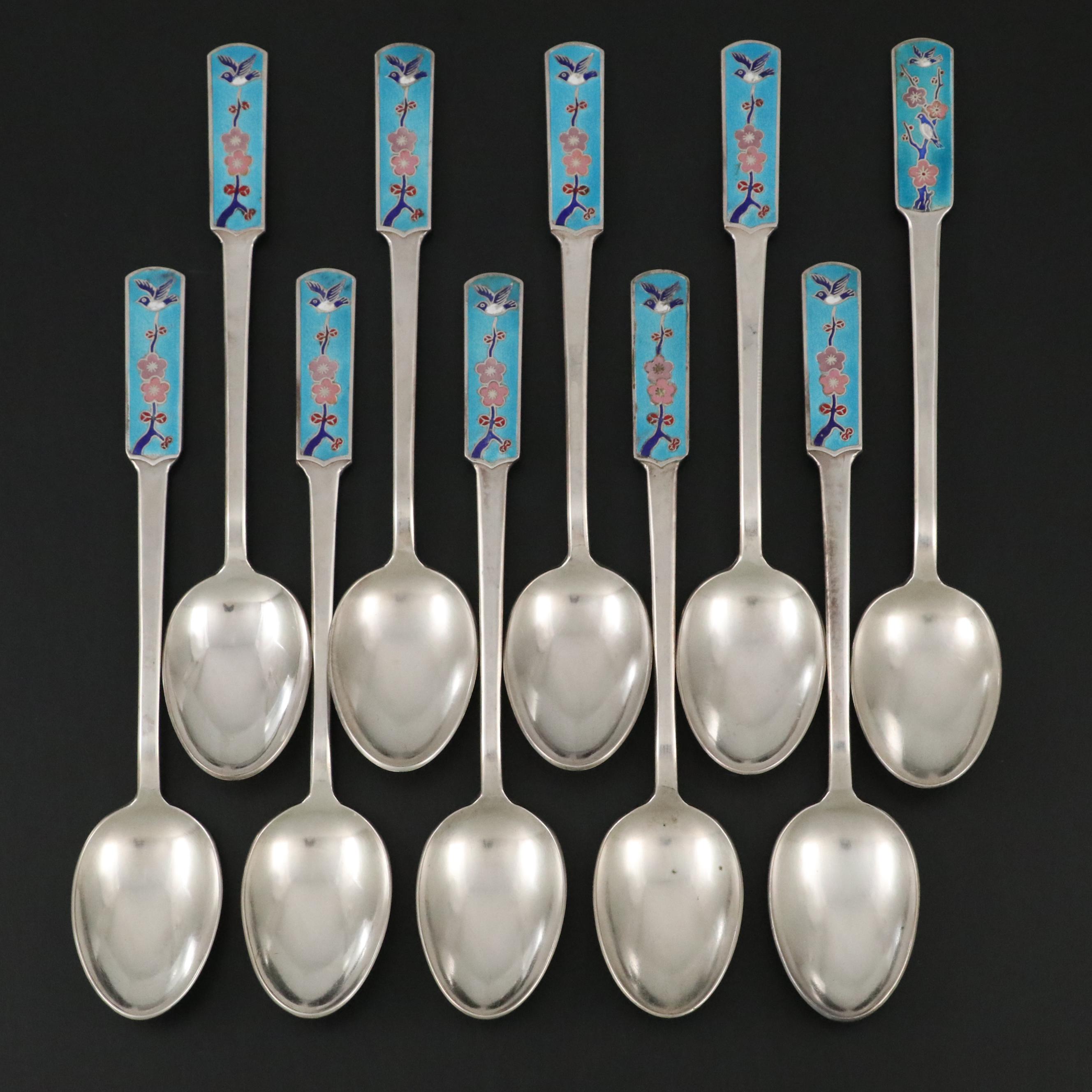 Korean Enameled 800 Silver Spoons with Cherry Blossom and Bird Motif