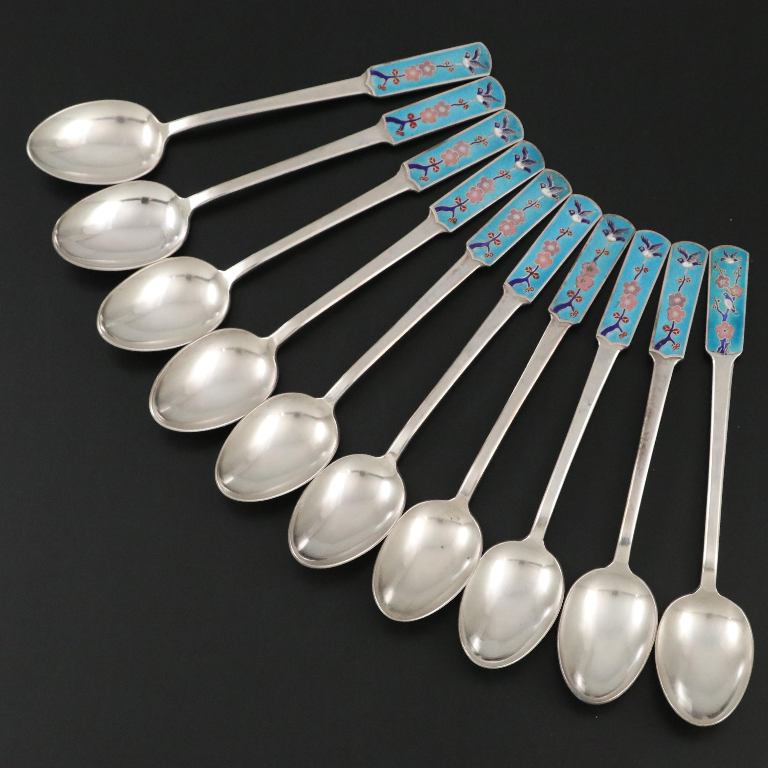 Korean Enameled 800 Silver Spoons with Cherry Blossom and Bird Motif