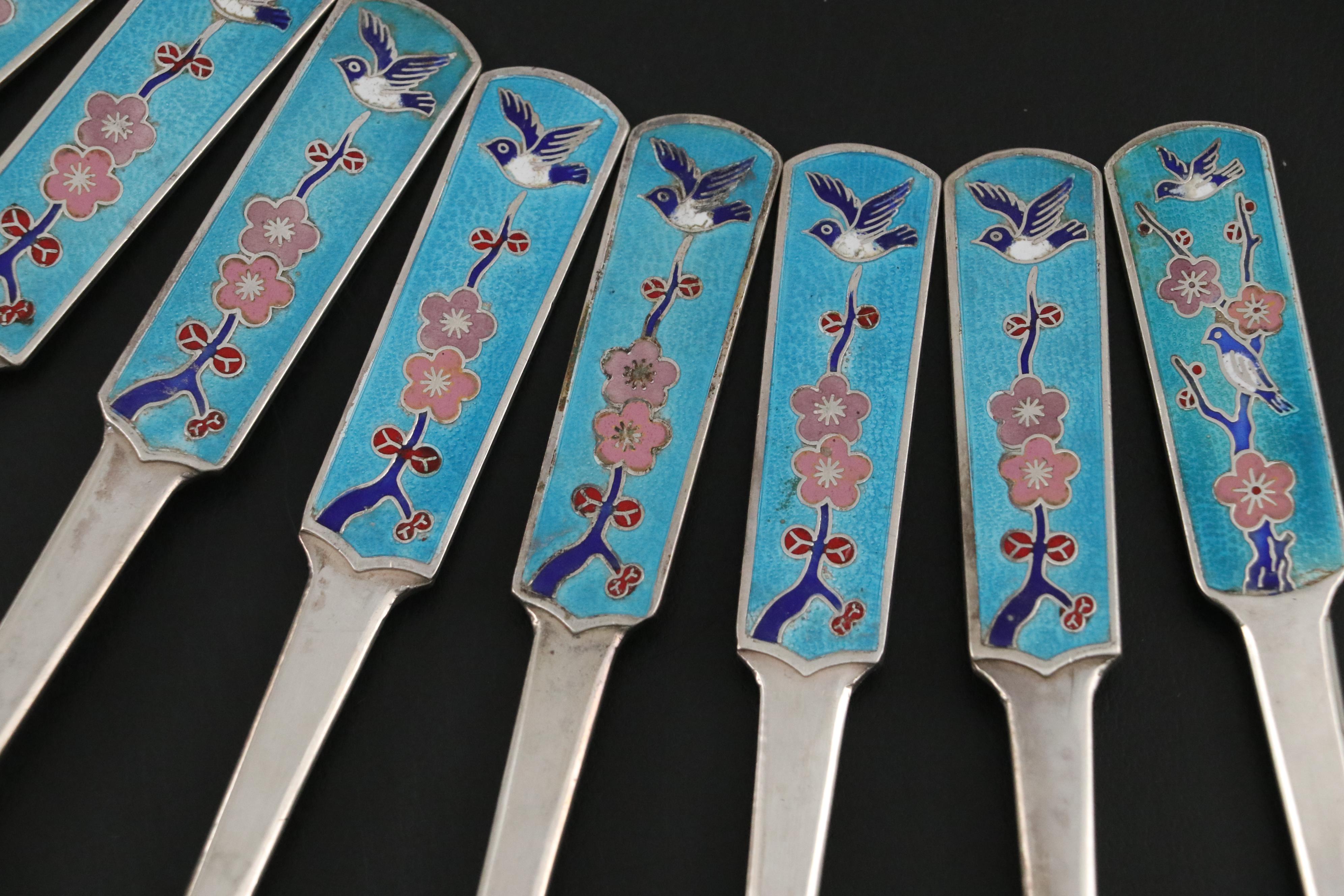Korean Enameled 800 Silver Spoons with Cherry Blossom and Bird Motif