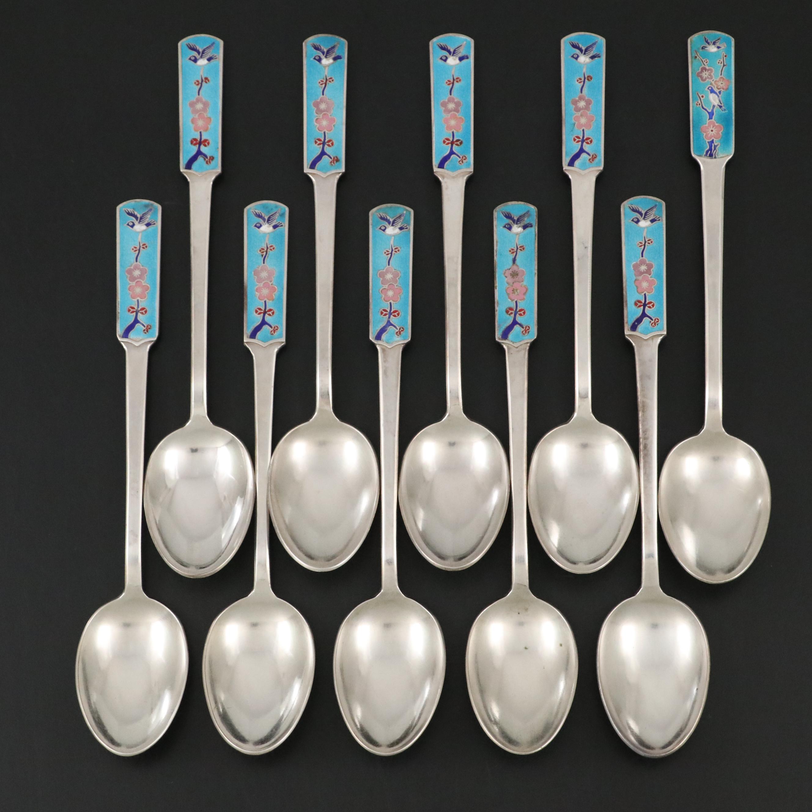 Korean Enameled 800 Silver Spoons with Cherry Blossom and Bird Motif