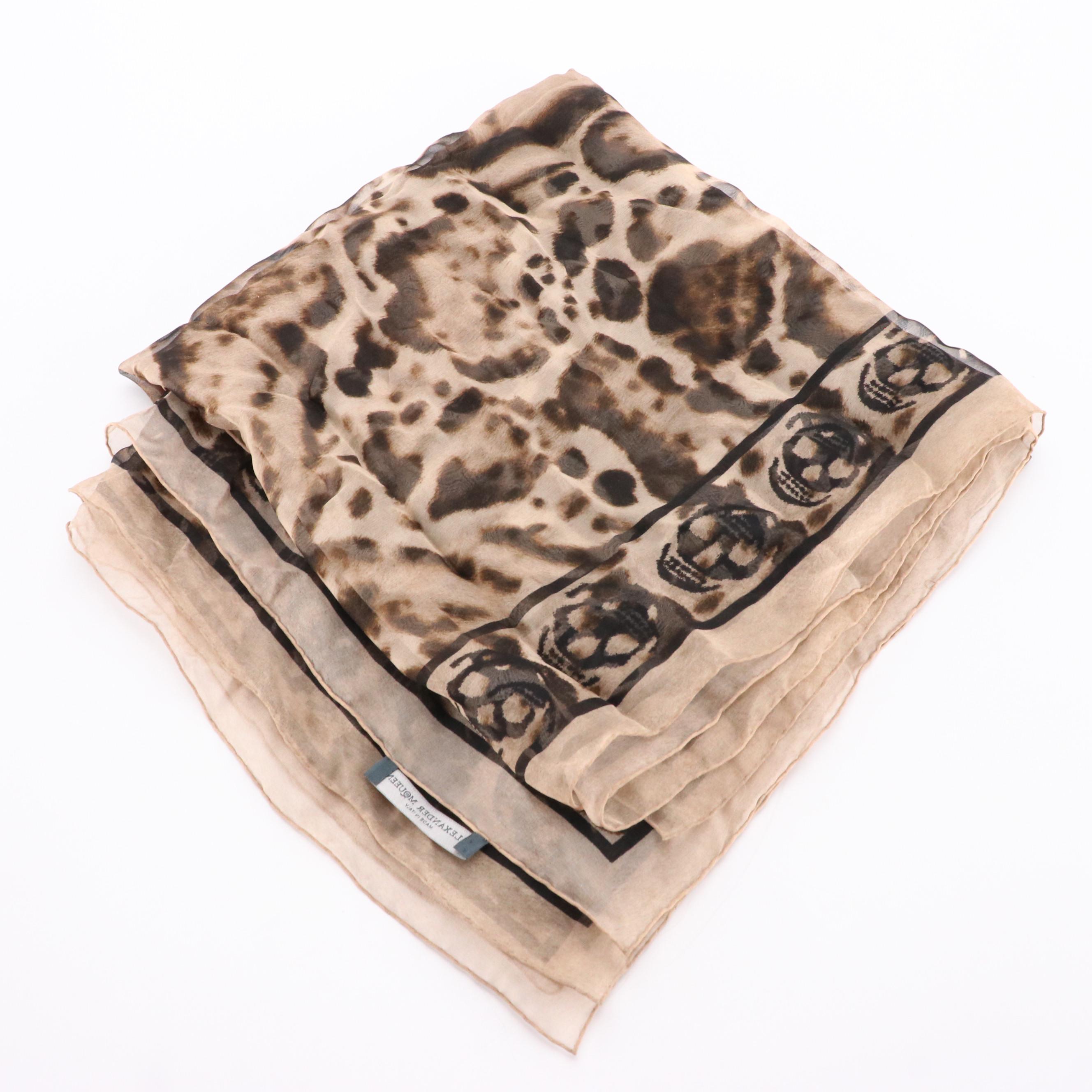 Alexander McQueen Leopard Print Silk Chiffon Scarf with Skull Motif Border