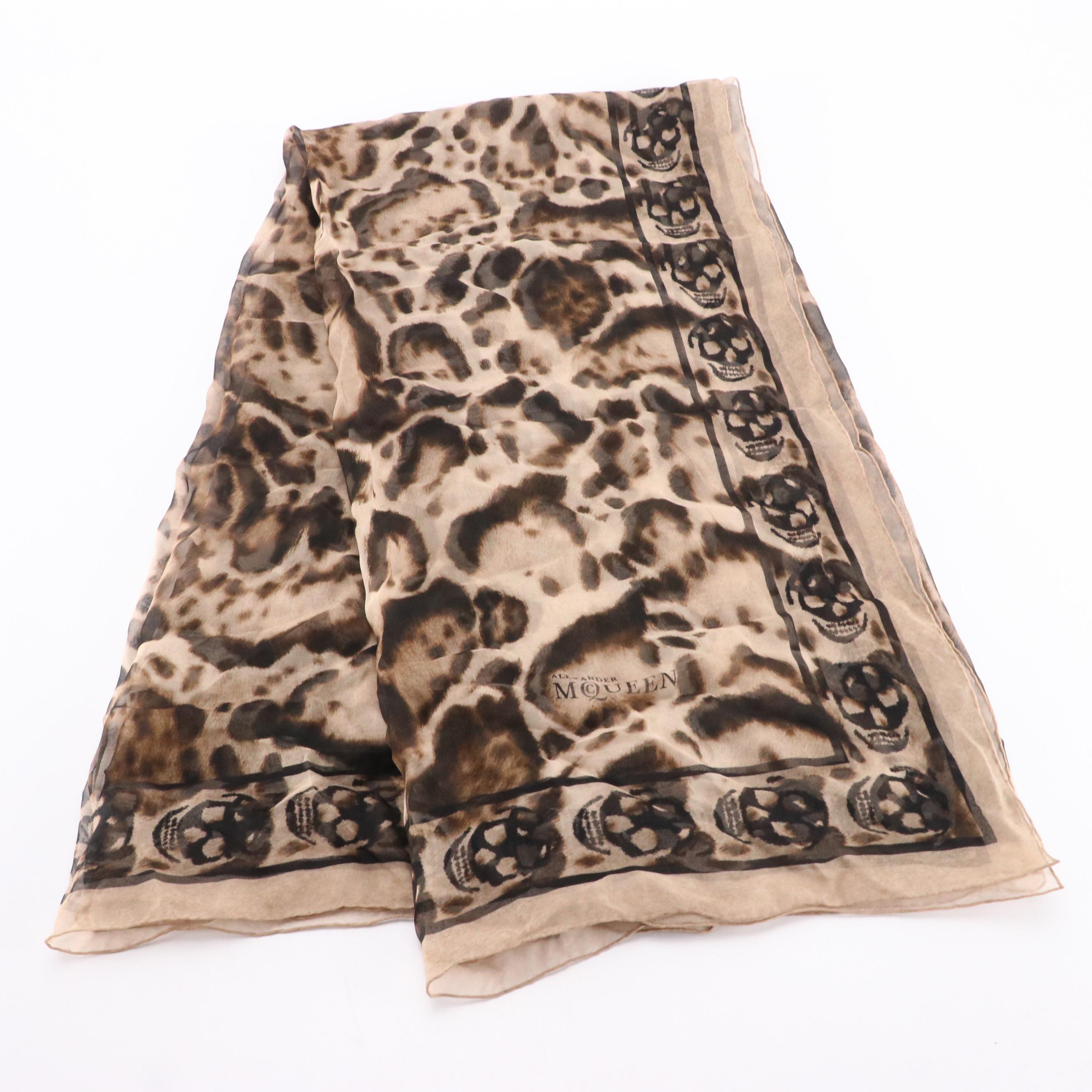 Alexander McQueen Leopard Print Silk Chiffon Scarf with Skull Motif Border