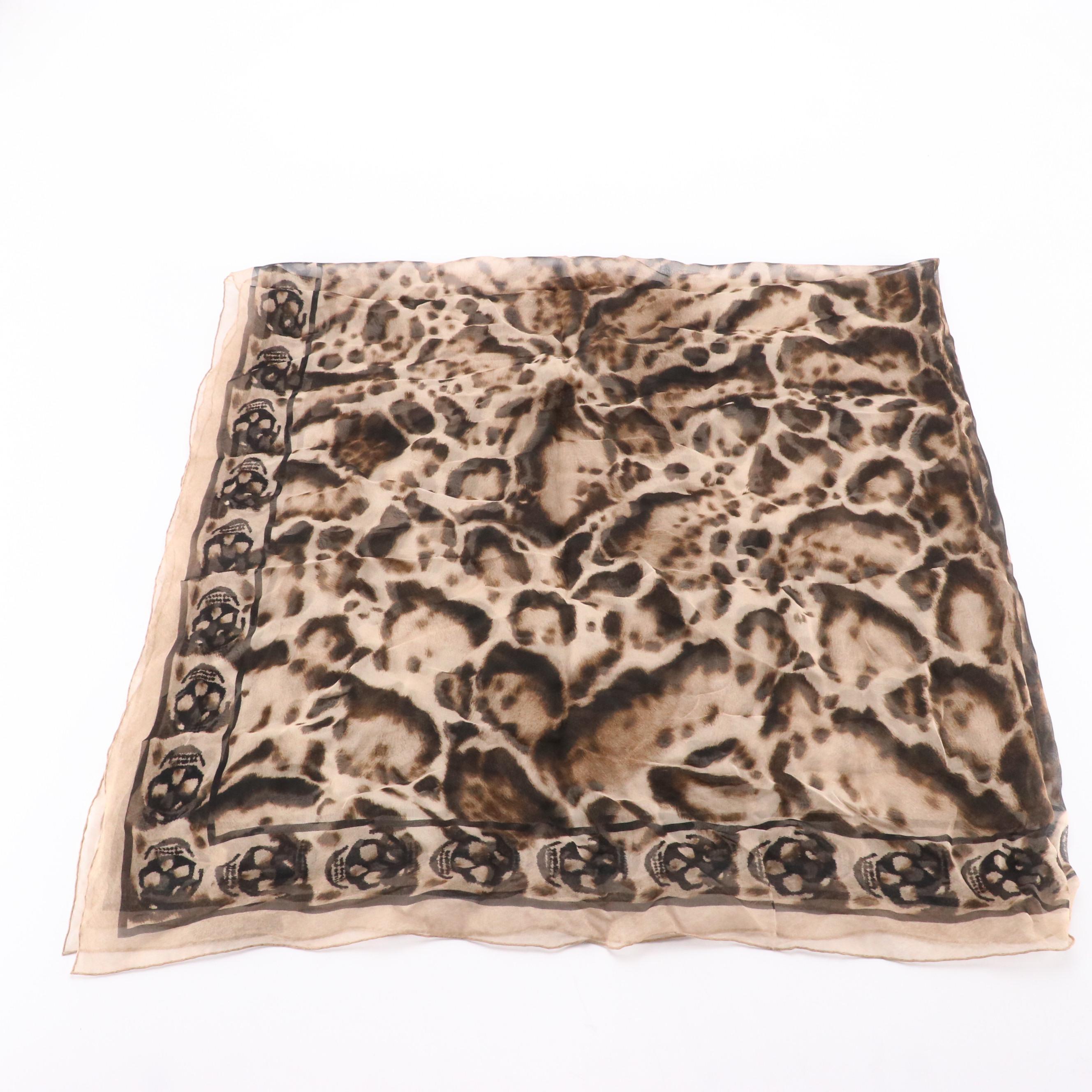 Alexander McQueen Leopard Print Silk Chiffon Scarf with Skull Motif Border