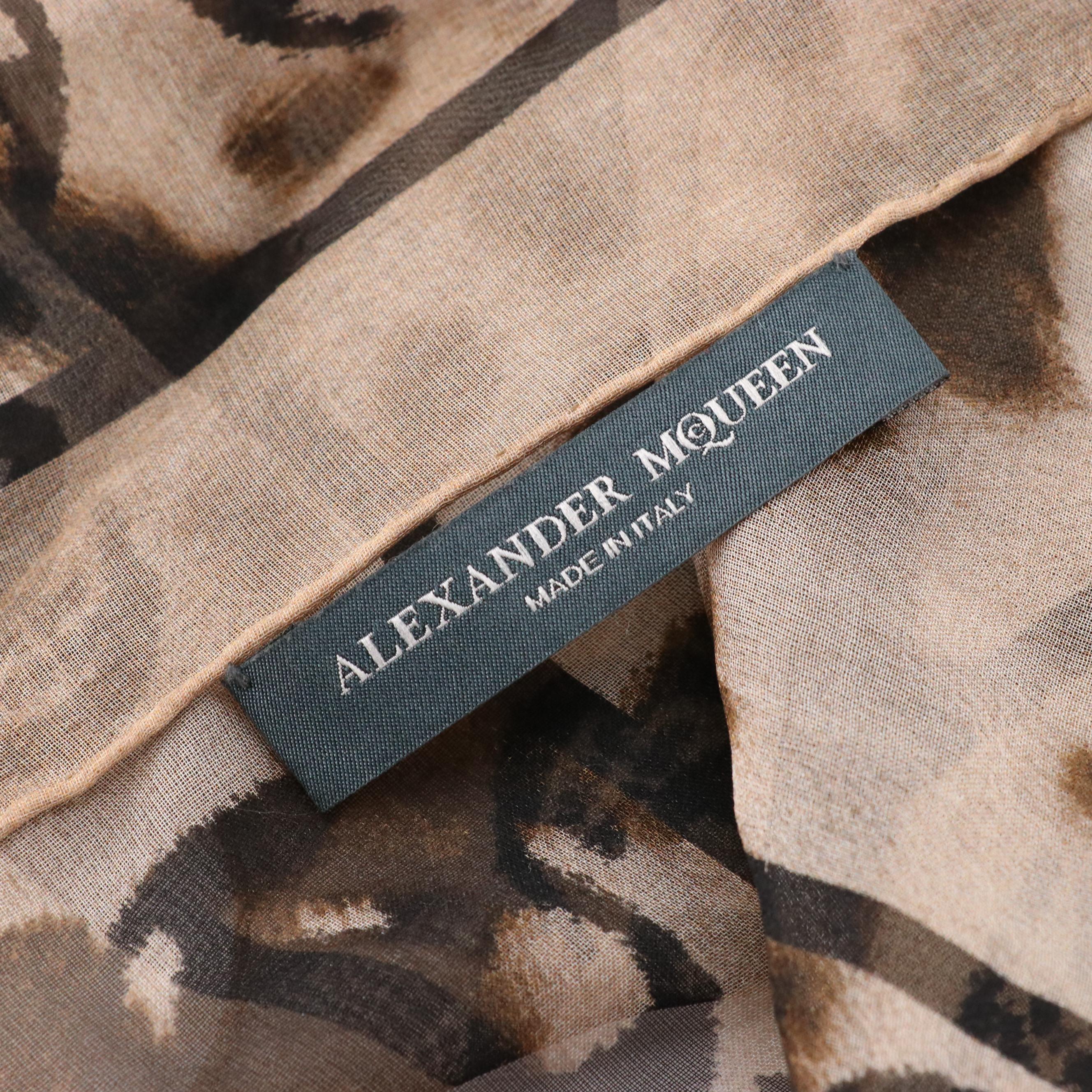 Alexander McQueen Leopard Print Silk Chiffon Scarf with Skull Motif Border