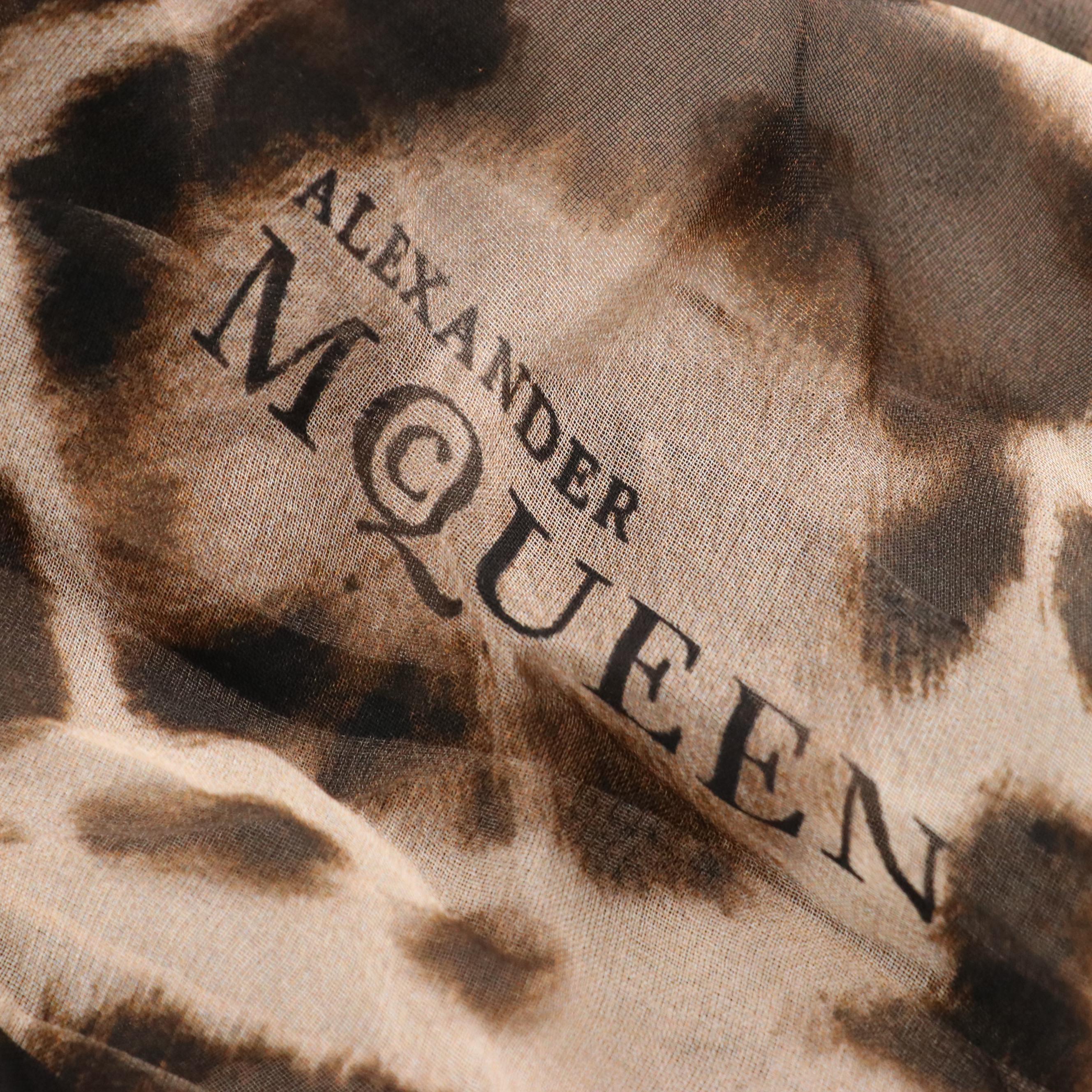 Alexander McQueen Leopard Print Silk Chiffon Scarf with Skull Motif Border