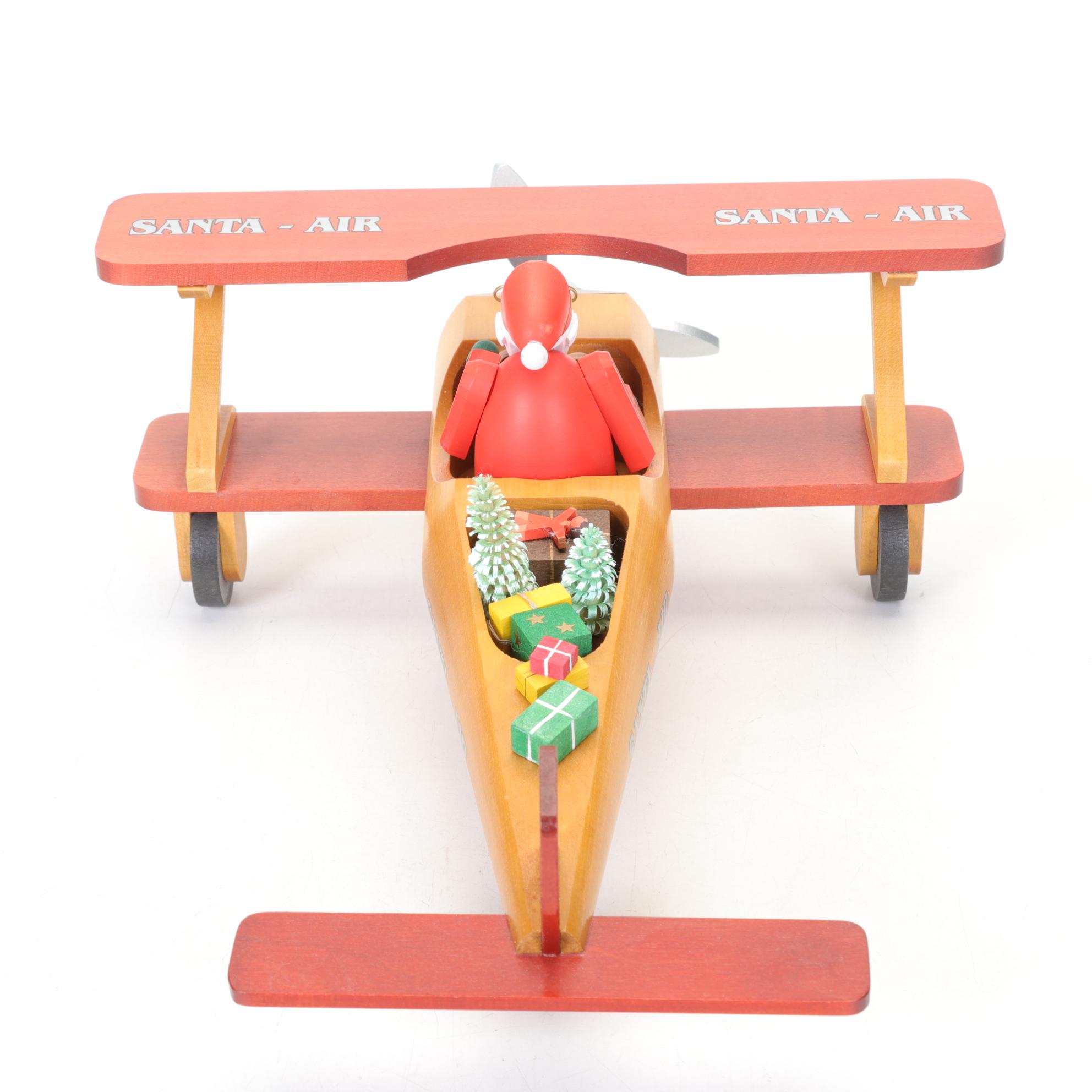 Richard Glasser Erzgebirgische German Carved Wood Santa in Biplane Figurine