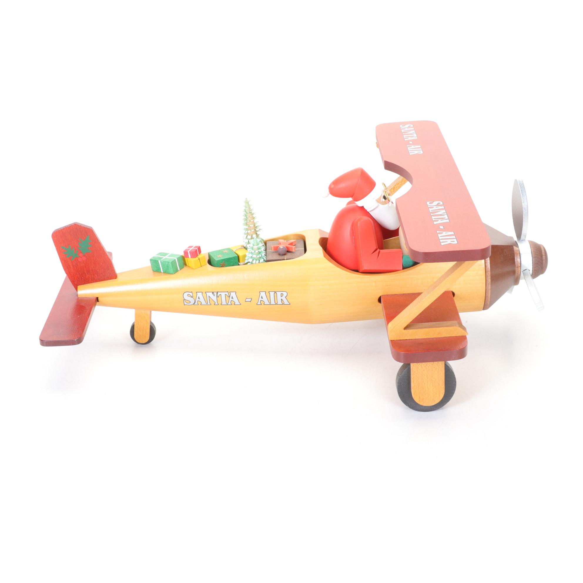 Richard Glasser Erzgebirgische German Carved Wood Santa in Biplane Figurine