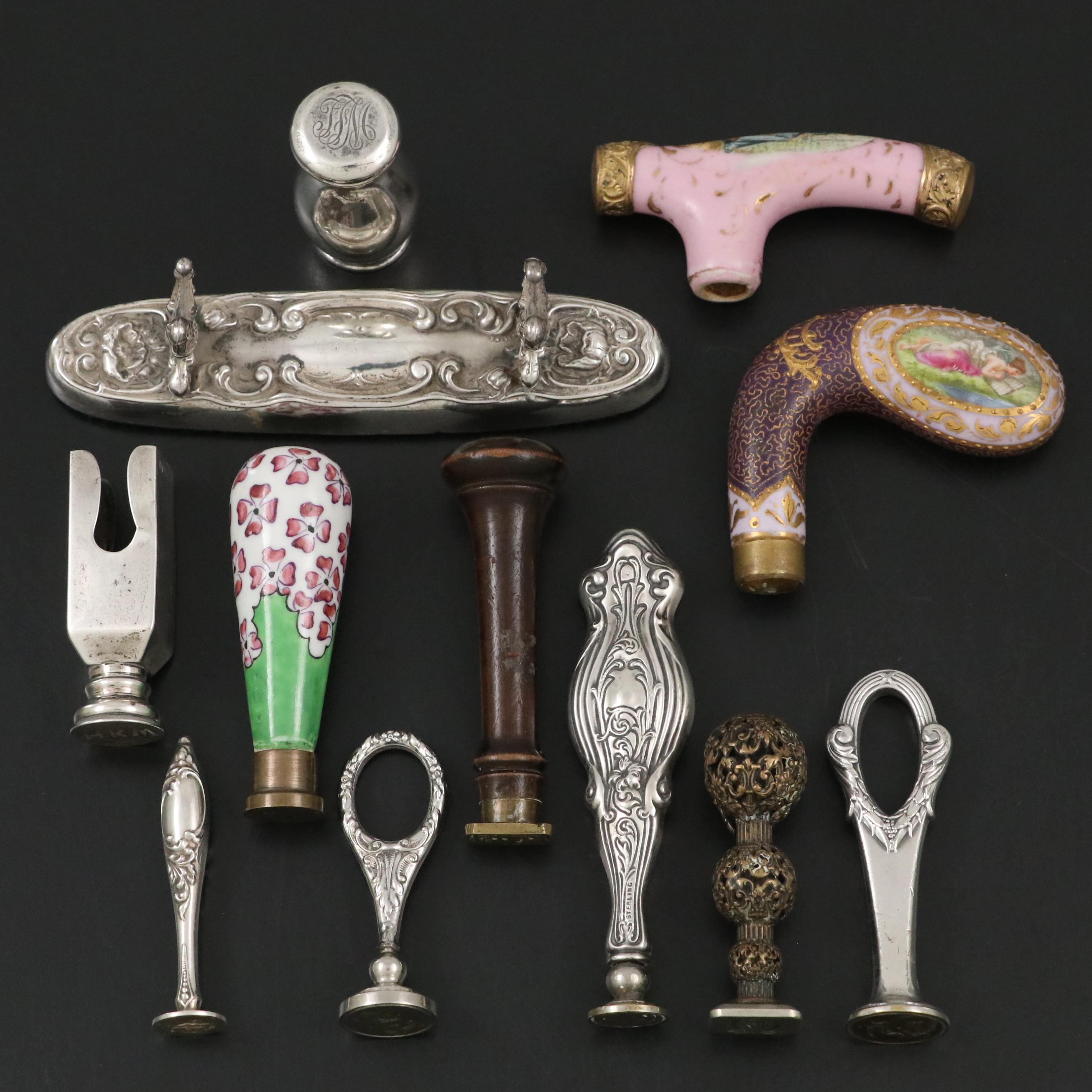 Porcelain Cane Handles with Sterling and Other Wax Seals and Sterling Pen Holder