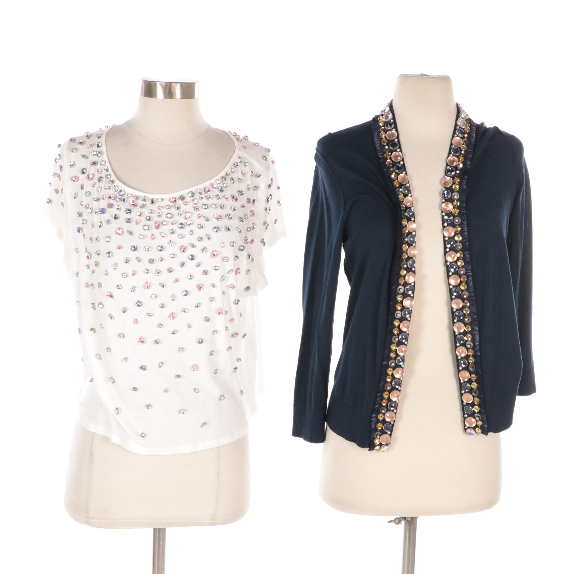Alice + Olivia Embellished Cotton T-Shirt and Tory Burch Cotton Isabel Cardigan