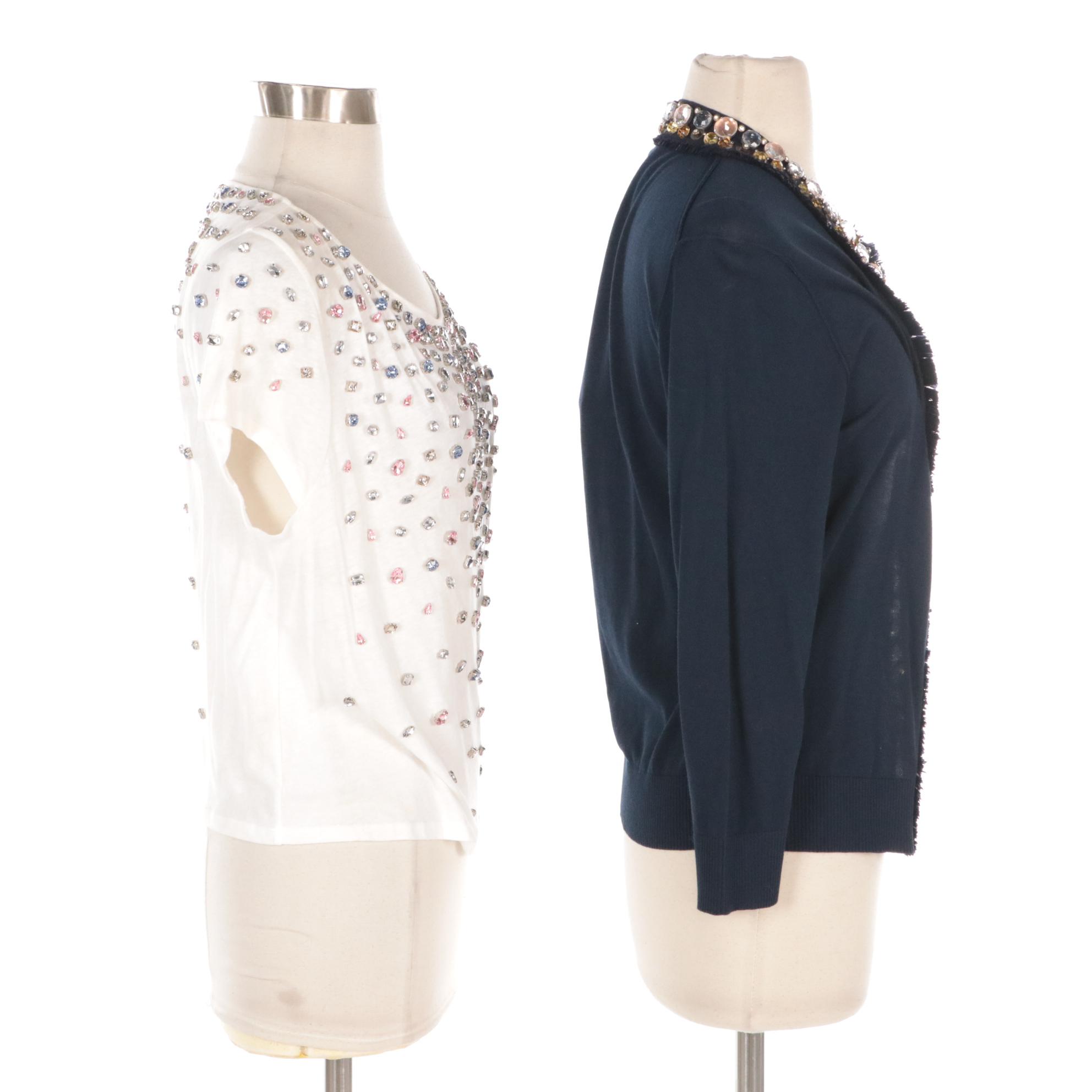 Alice + Olivia Embellished Cotton T-Shirt and Tory Burch Cotton Isabel Cardigan