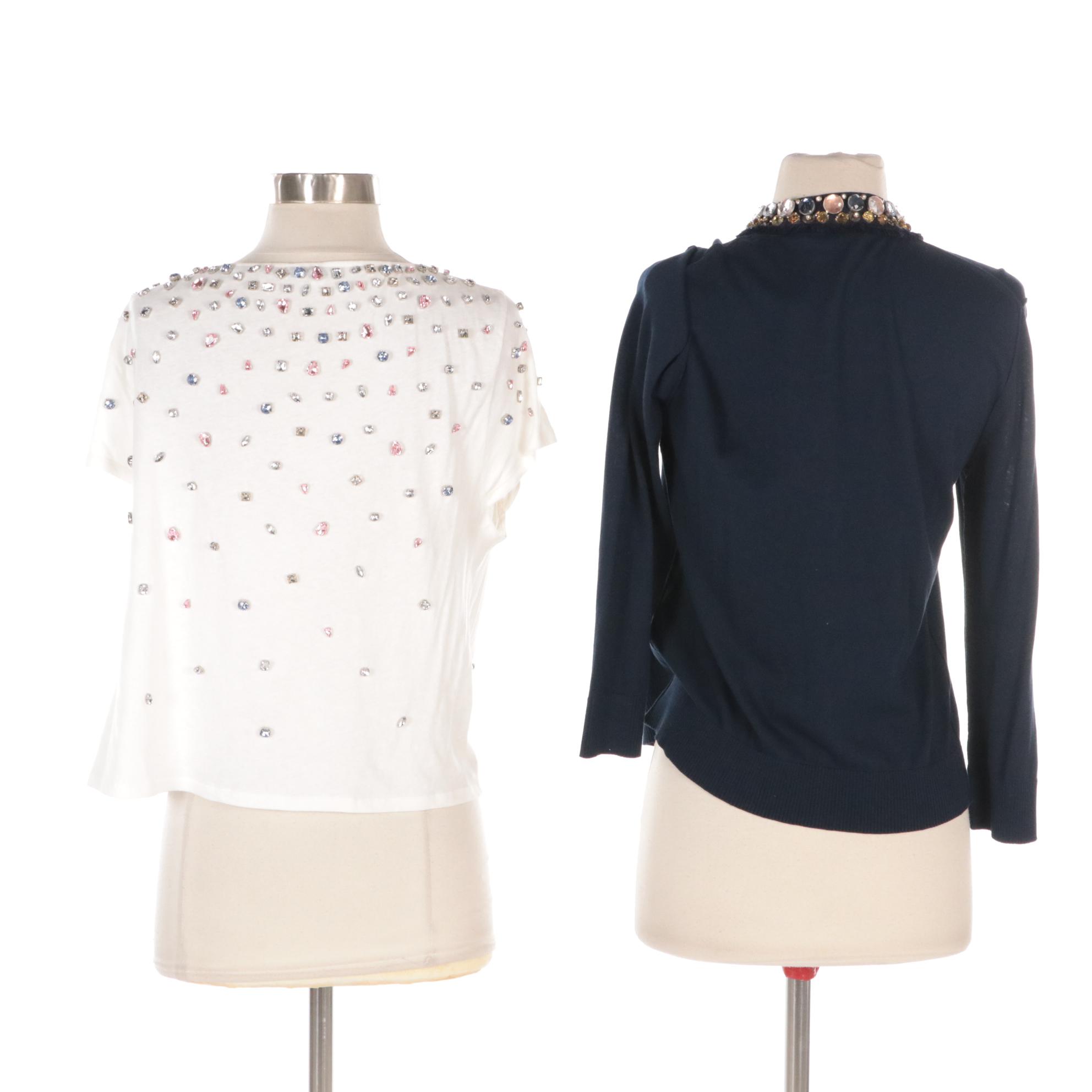 Alice + Olivia Embellished Cotton T-Shirt and Tory Burch Cotton Isabel Cardigan
