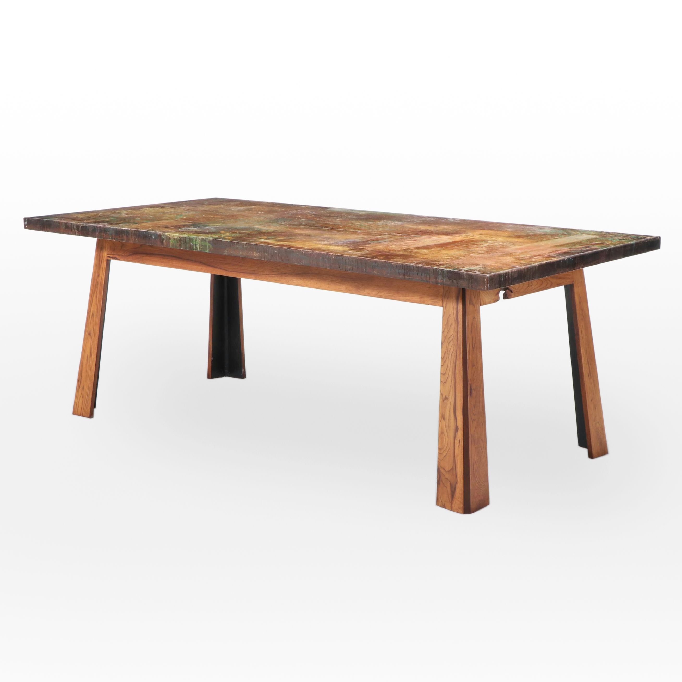 Industrial Style Distressed Metal Top Oak Dining Table