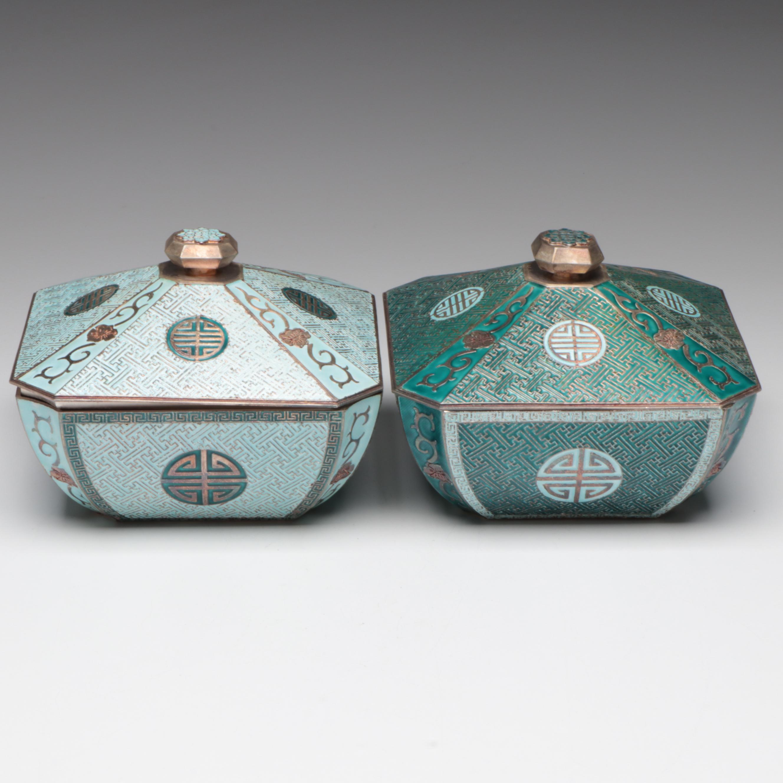 Chinese Enameled Fine Silver Lidded Box Pair with Double Happiness Motif
