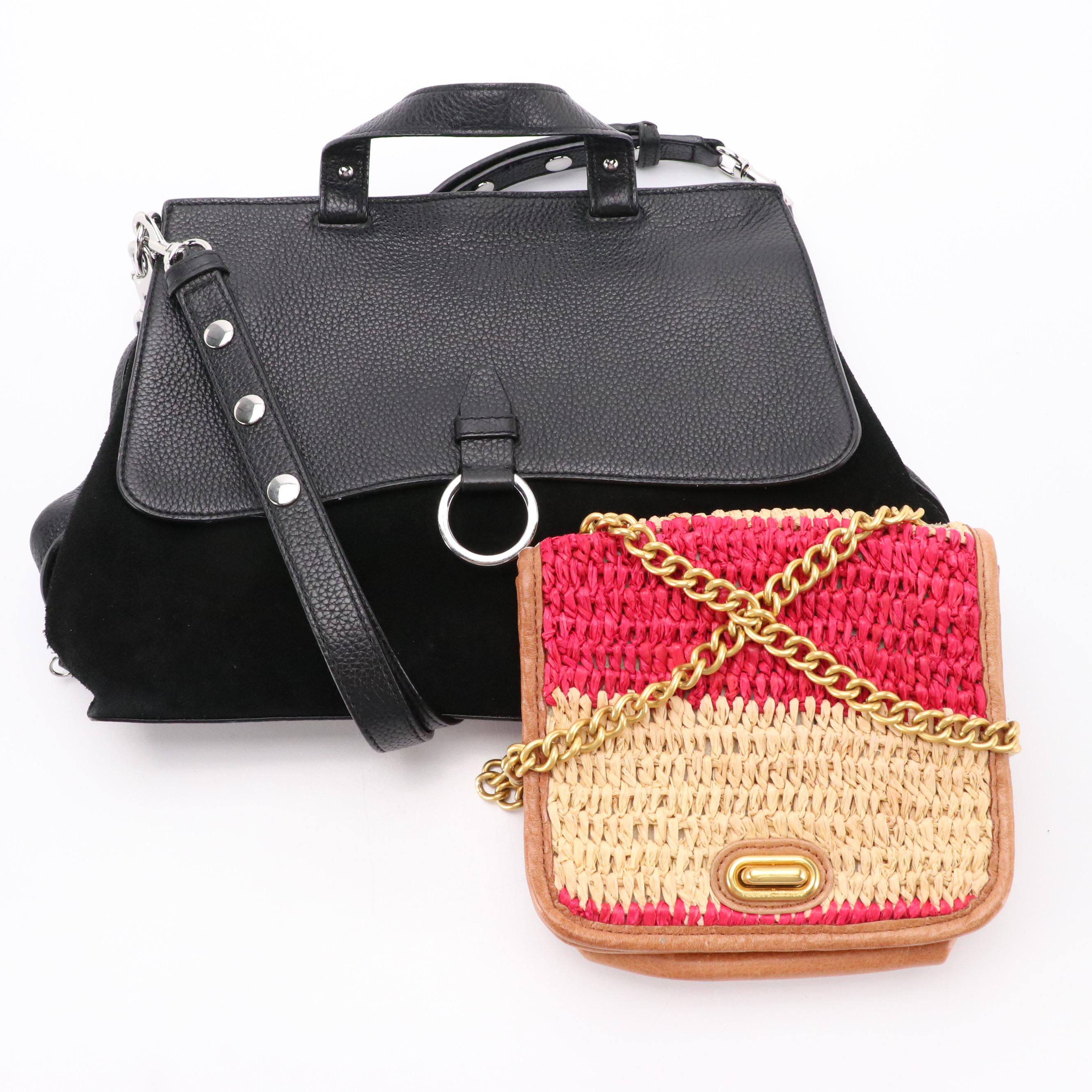 Rebecca Minkoff Black Suede and Leather Two-Way Satchel & Woven Raffia Crossbody