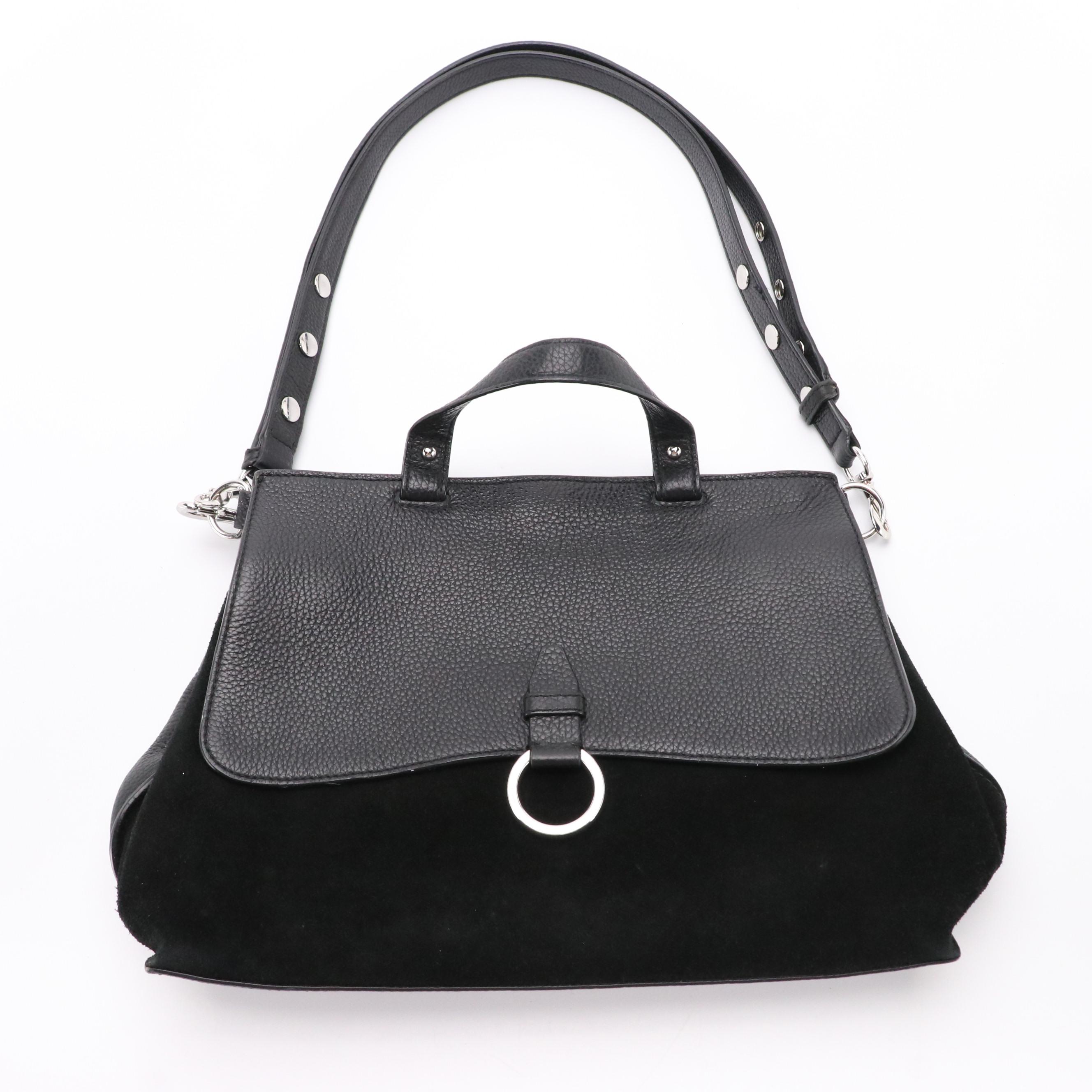 Rebecca Minkoff Black Suede and Leather Two-Way Satchel & Woven Raffia Crossbody