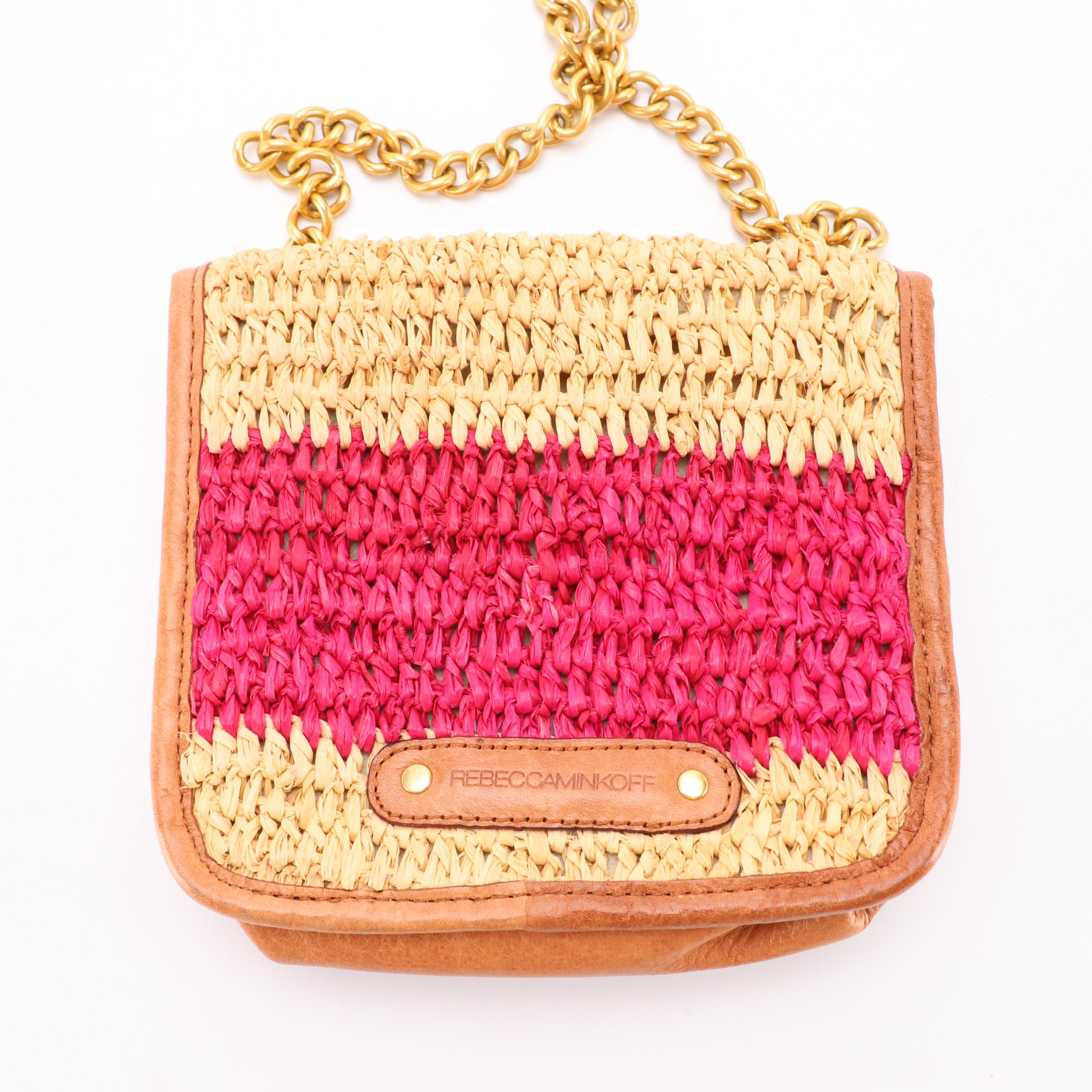 Rebecca Minkoff Black Suede and Leather Two-Way Satchel & Woven Raffia Crossbody