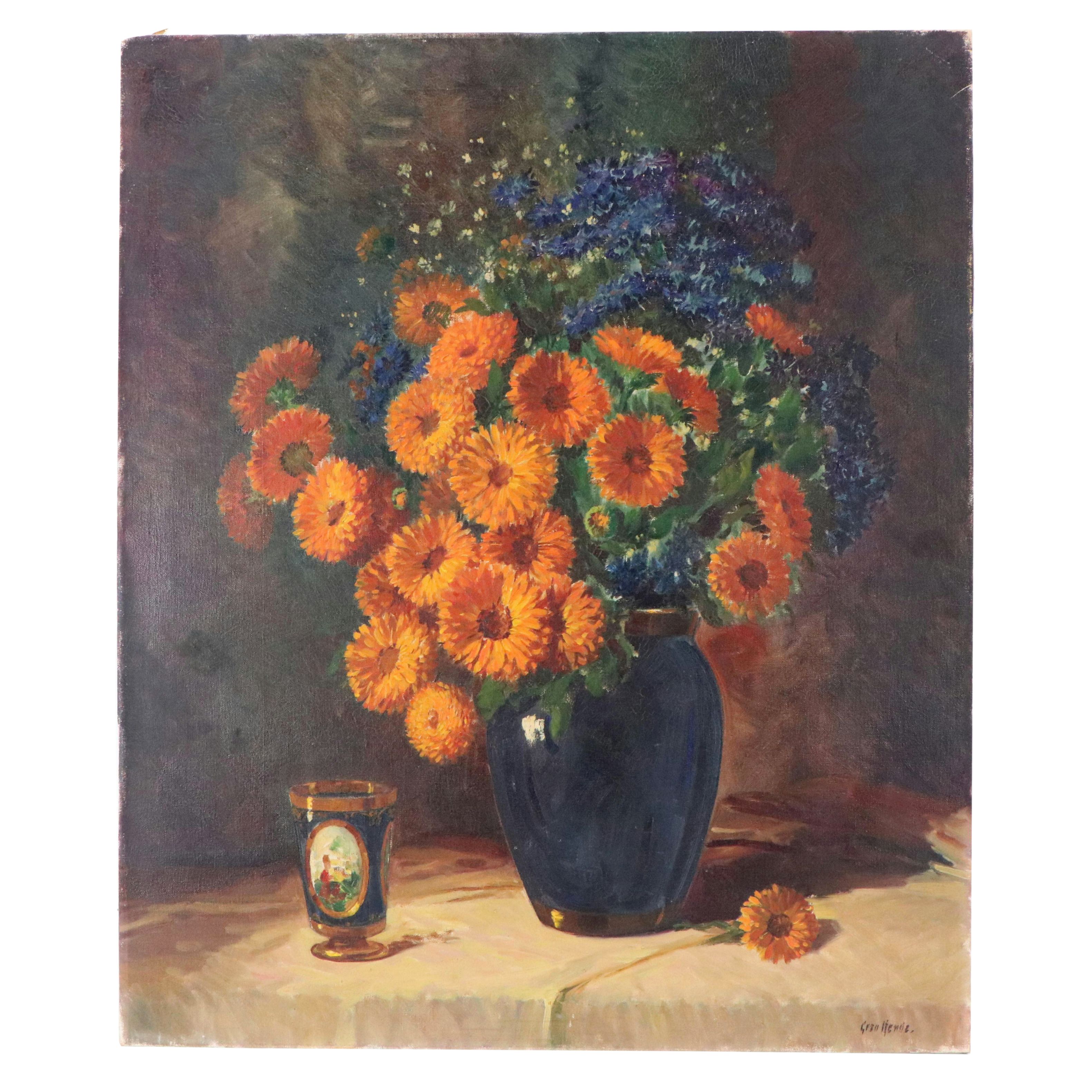 Géza Kende Floral Still Life Oil Painting "Callendulas in Blue Vase"